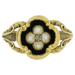 Viktorianischer Perlen-, Diamant- und Emaille-Trauer-Medaillon-Ring
