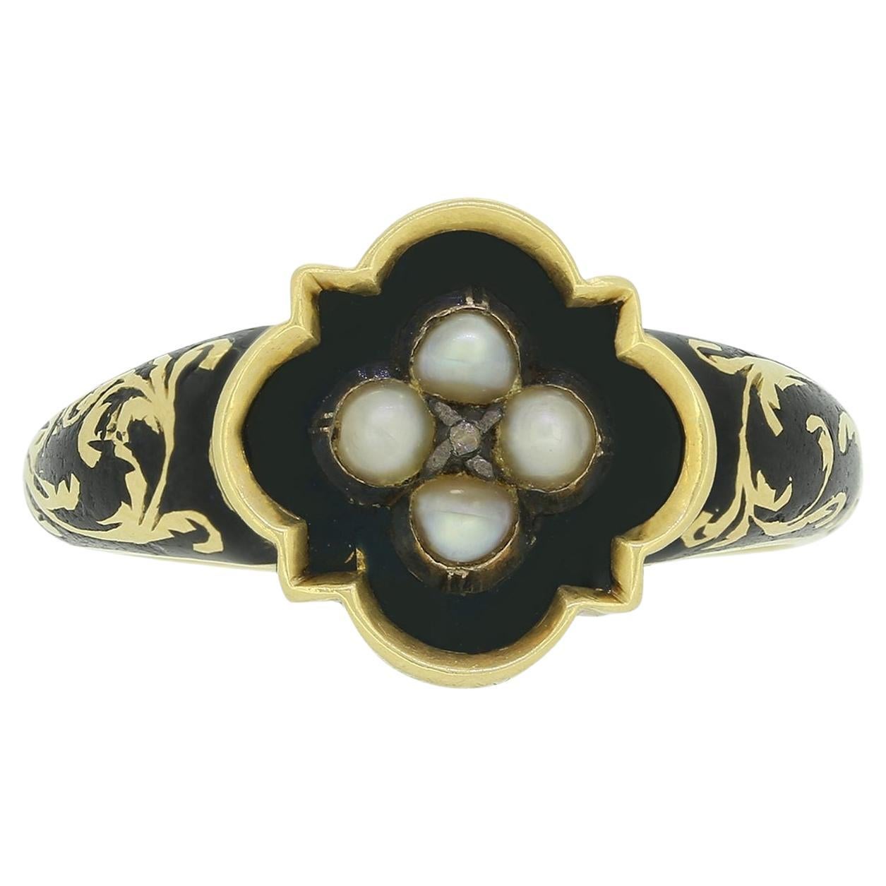 Victorian Pearl, Diamond and Enamel Mourning Locket Ring For Sale