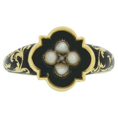 Viktorianischer Perlen-, Diamant- und Emaille-Trauer-Medaillon-Ring