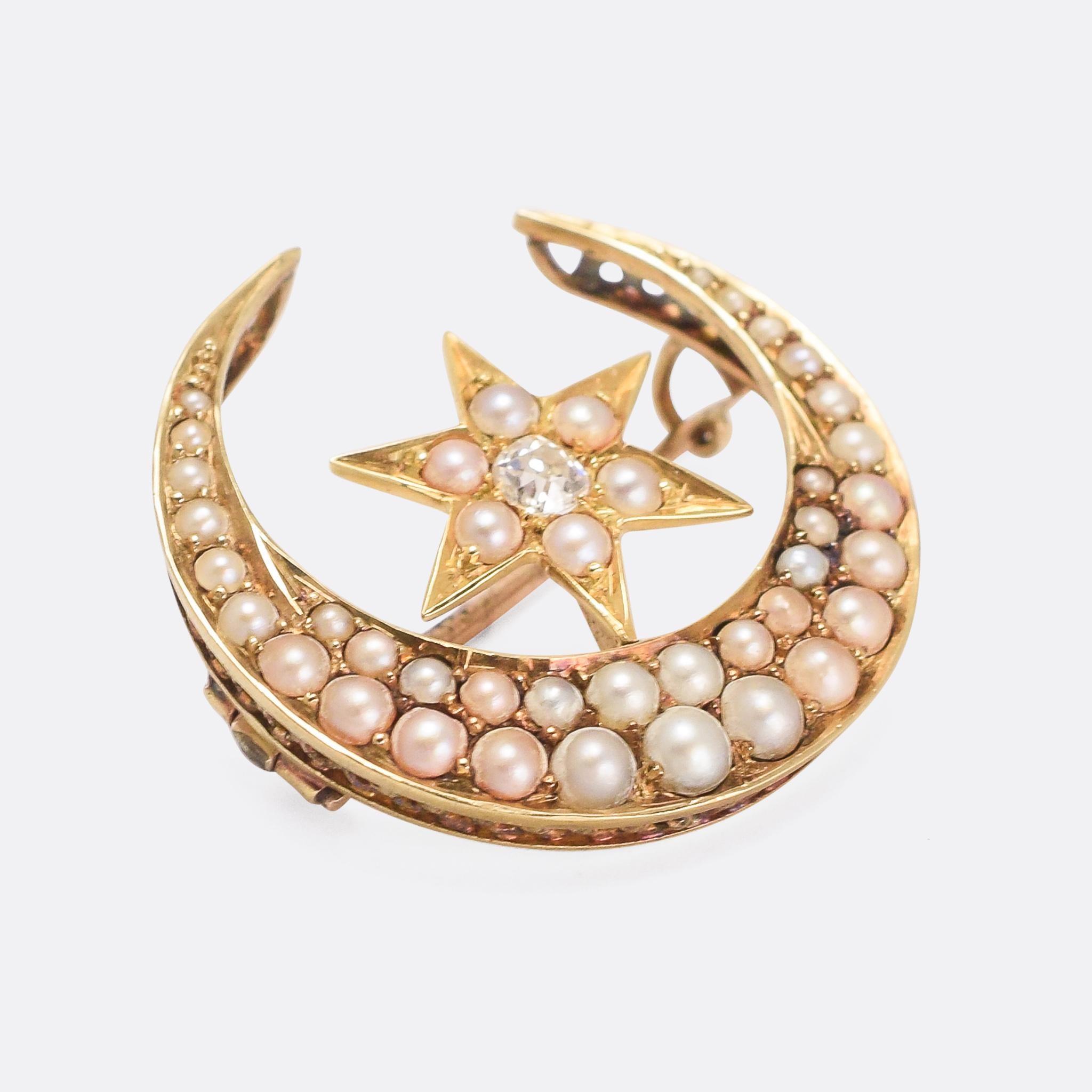 A cool Victorian Crescent Moon and Star brooch set with split pearls and an old mine cut diamond in the centre of the star. It dates from the latter half of the 19th Century, circa 1880.

STONES 
Natural pearls and .20ct old mine cut