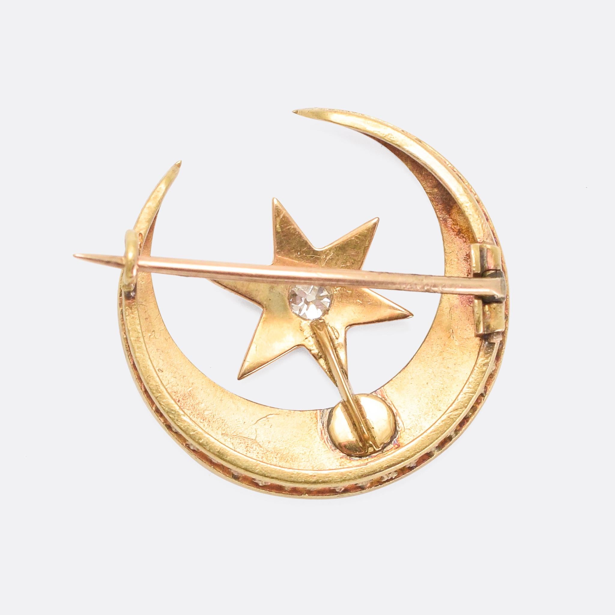 Victorian Pearl Diamond Crescent Moon and Star Brooch In Good Condition In Sale, Cheshire
