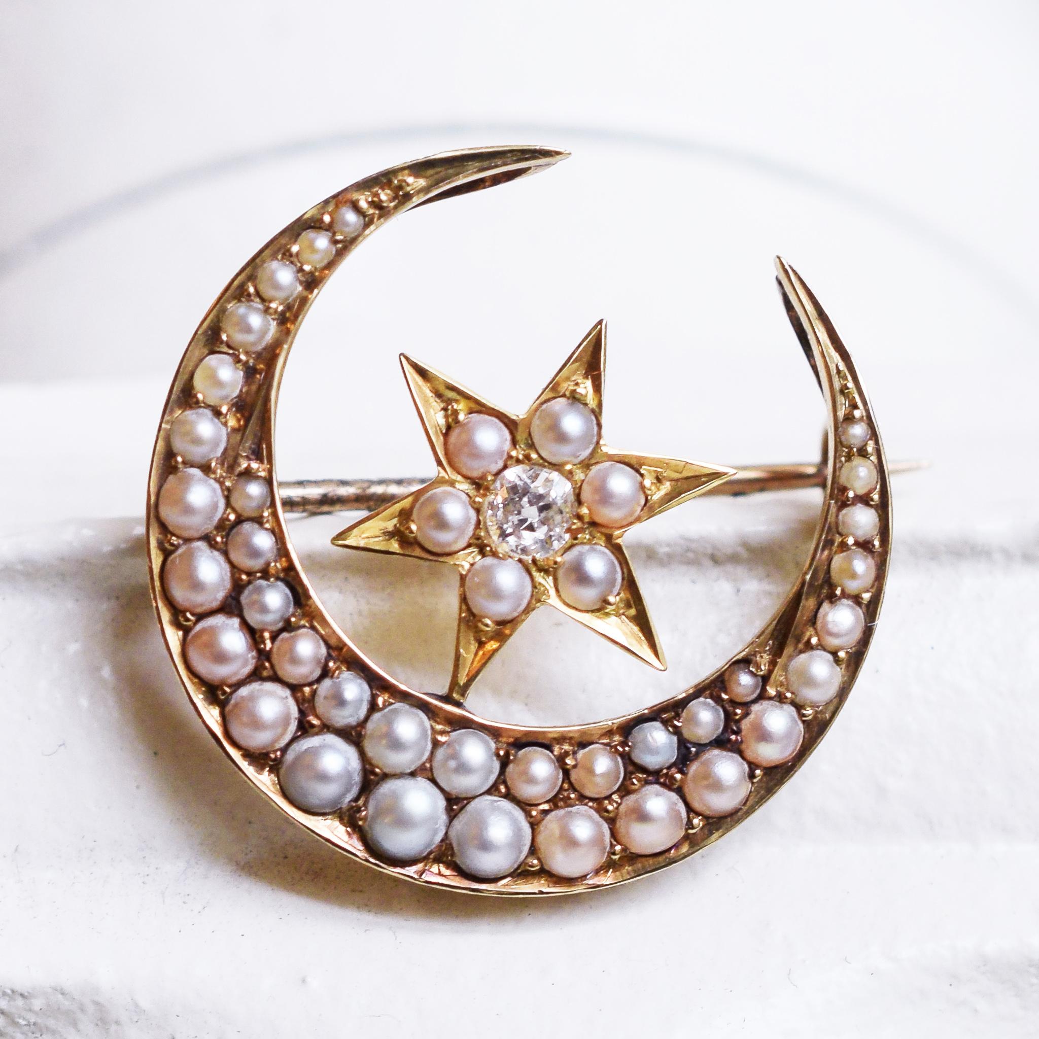 Victorian Pearl Diamond Crescent Moon and Star Brooch 1