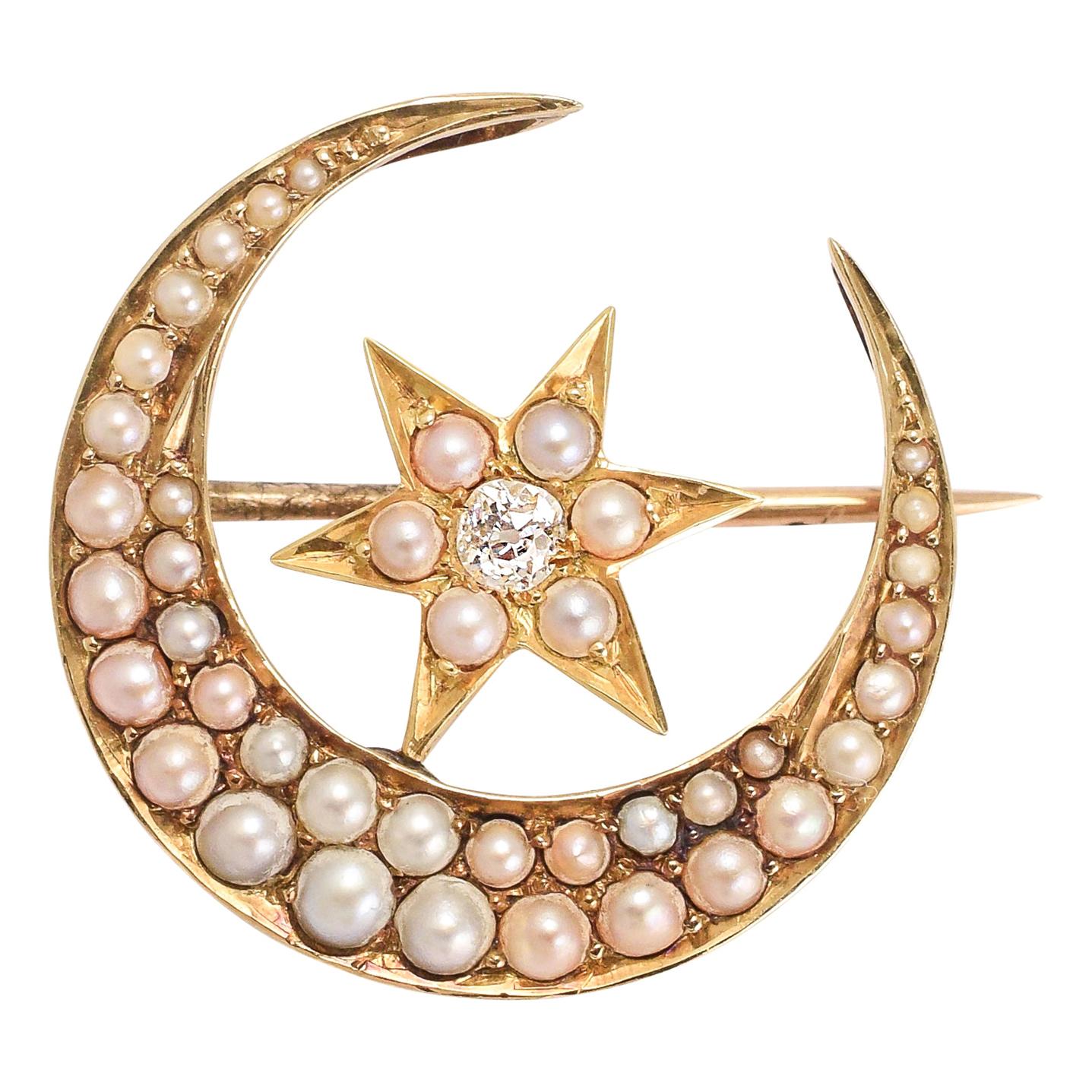 Victorian Pearl Diamond Crescent Moon and Star Brooch