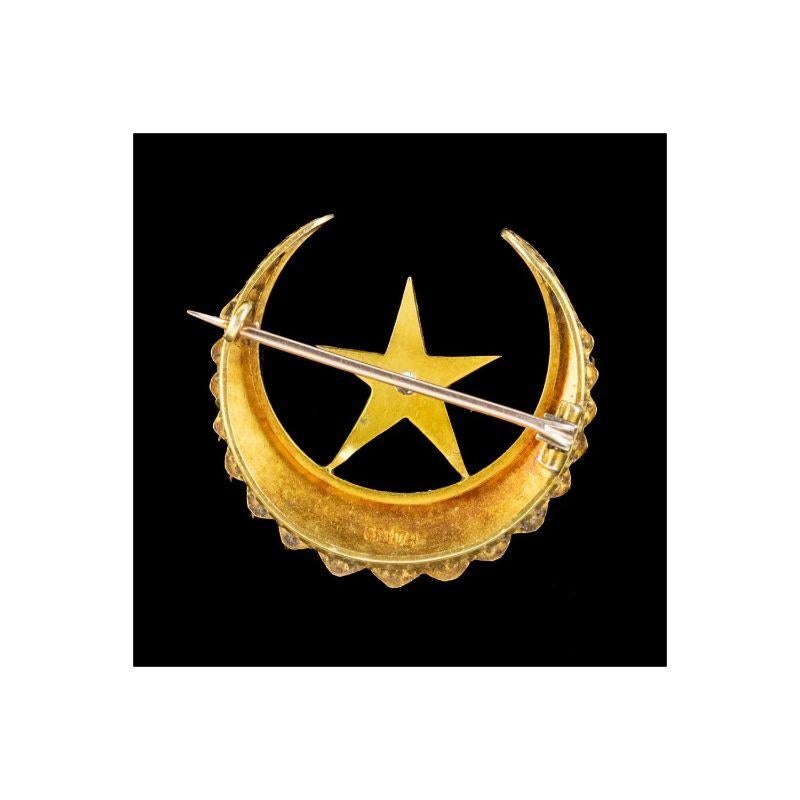 Bead Victorian Pearl Diamond Crescent Moon and Star Brooch in 18 Carat Gold For Sale