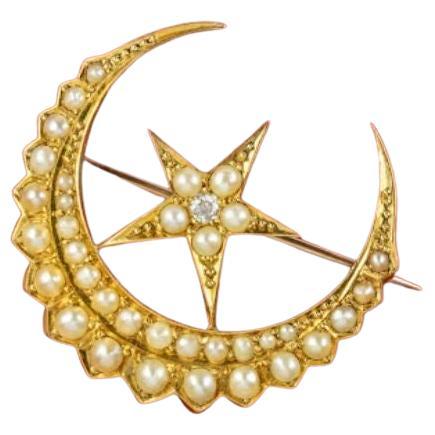 Victorian Pearl Diamond Crescent Moon and Star Brooch in 18 Carat Gold For Sale
