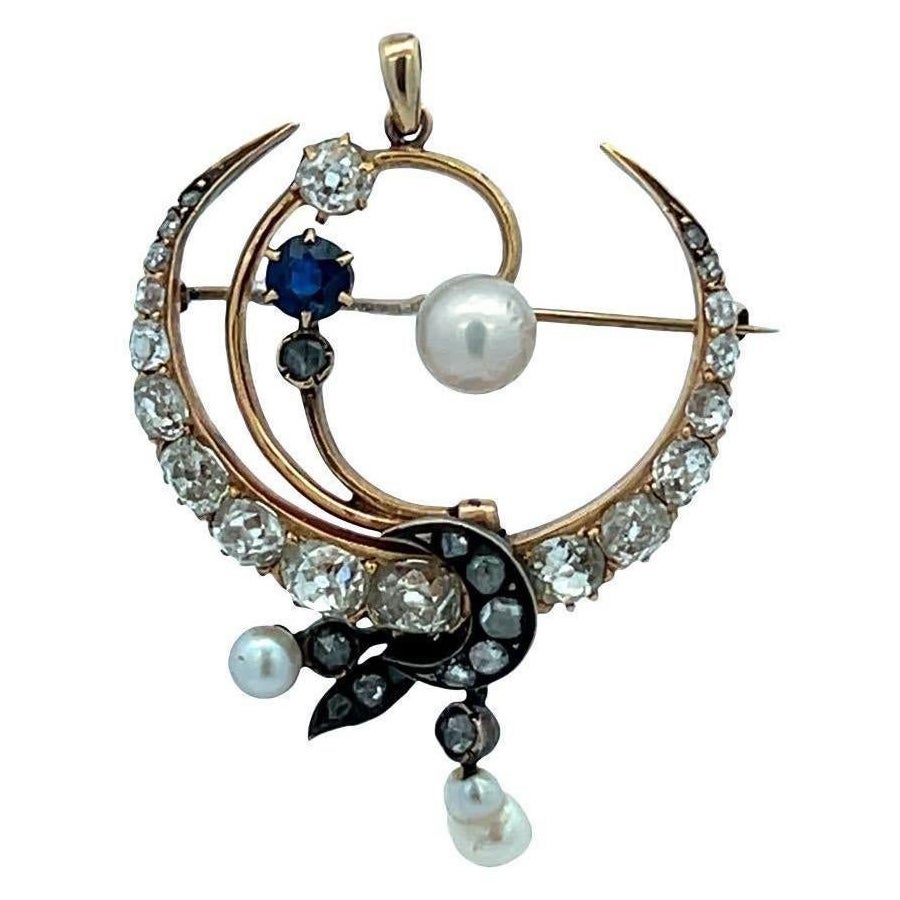 Spilla vittoriana con perle e diamanti a mezzaluna in vendita