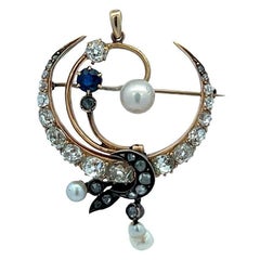Victorian Pearl & Diamond Crescent Pendant Brooch