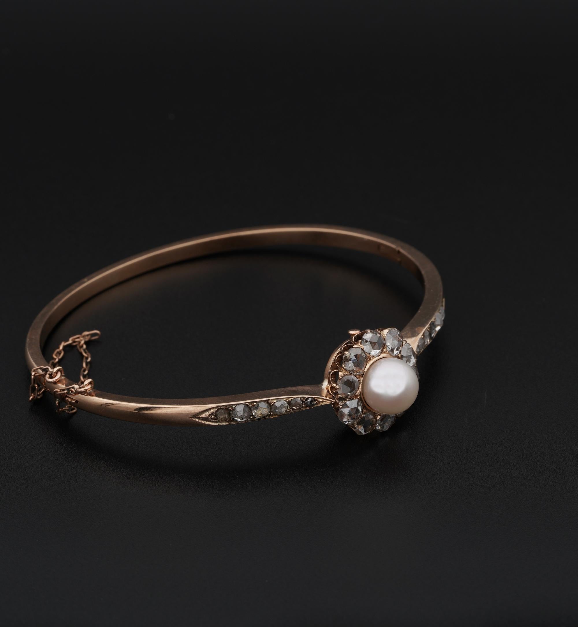 Victorian Pearl Diamond Rare 18 Karat Rose Gold Bangle In Good Condition For Sale In Napoli, IT