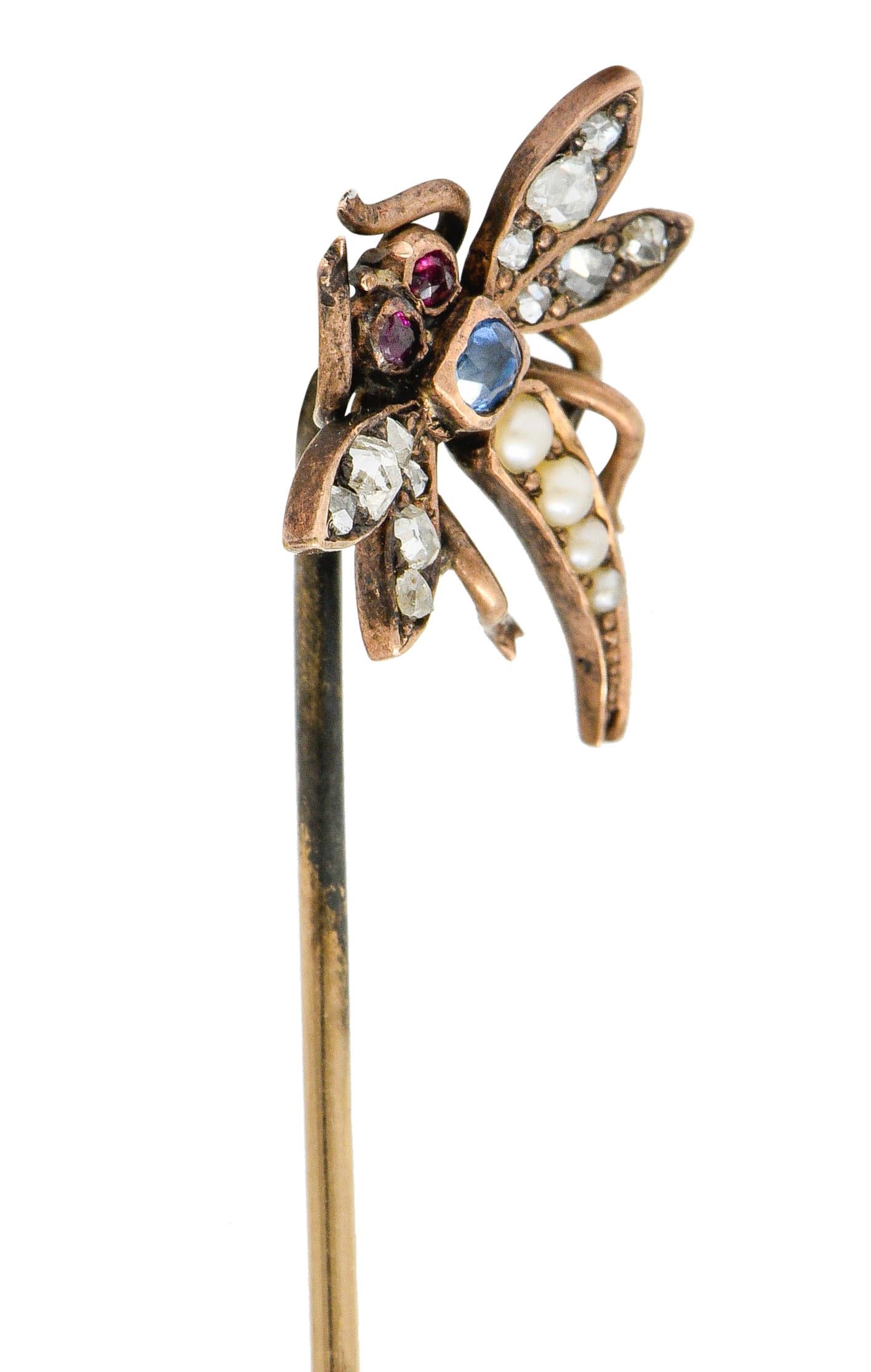 Victorian Pearl Diamond Sapphire Ruby 14 Karat Rose Gold Dragonfly Stickpin In Excellent Condition In Philadelphia, PA