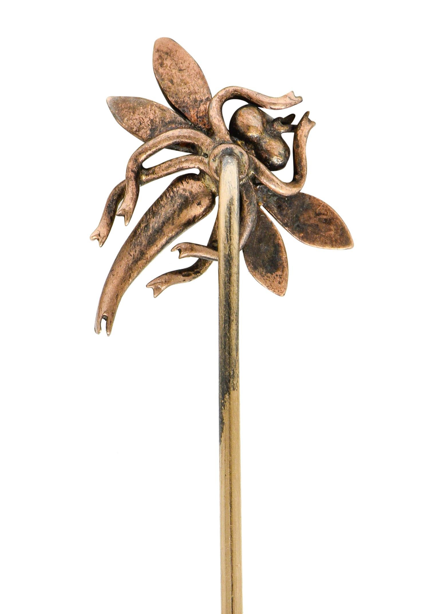 Women's or Men's Victorian Pearl Diamond Sapphire Ruby 14 Karat Rose Gold Dragonfly Stickpin