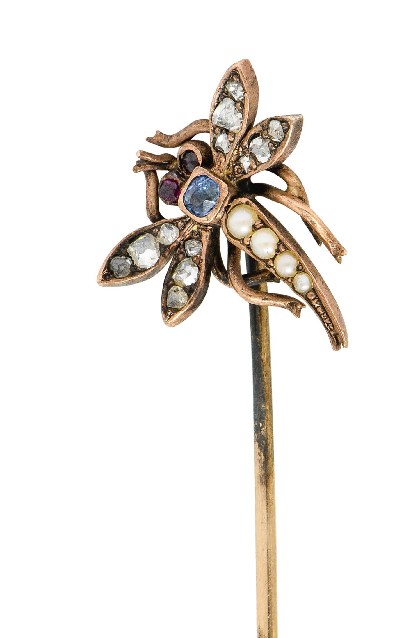 Victorian Pearl Diamond Sapphire Ruby 14 Karat Rose Gold Dragonfly Stickpin 1