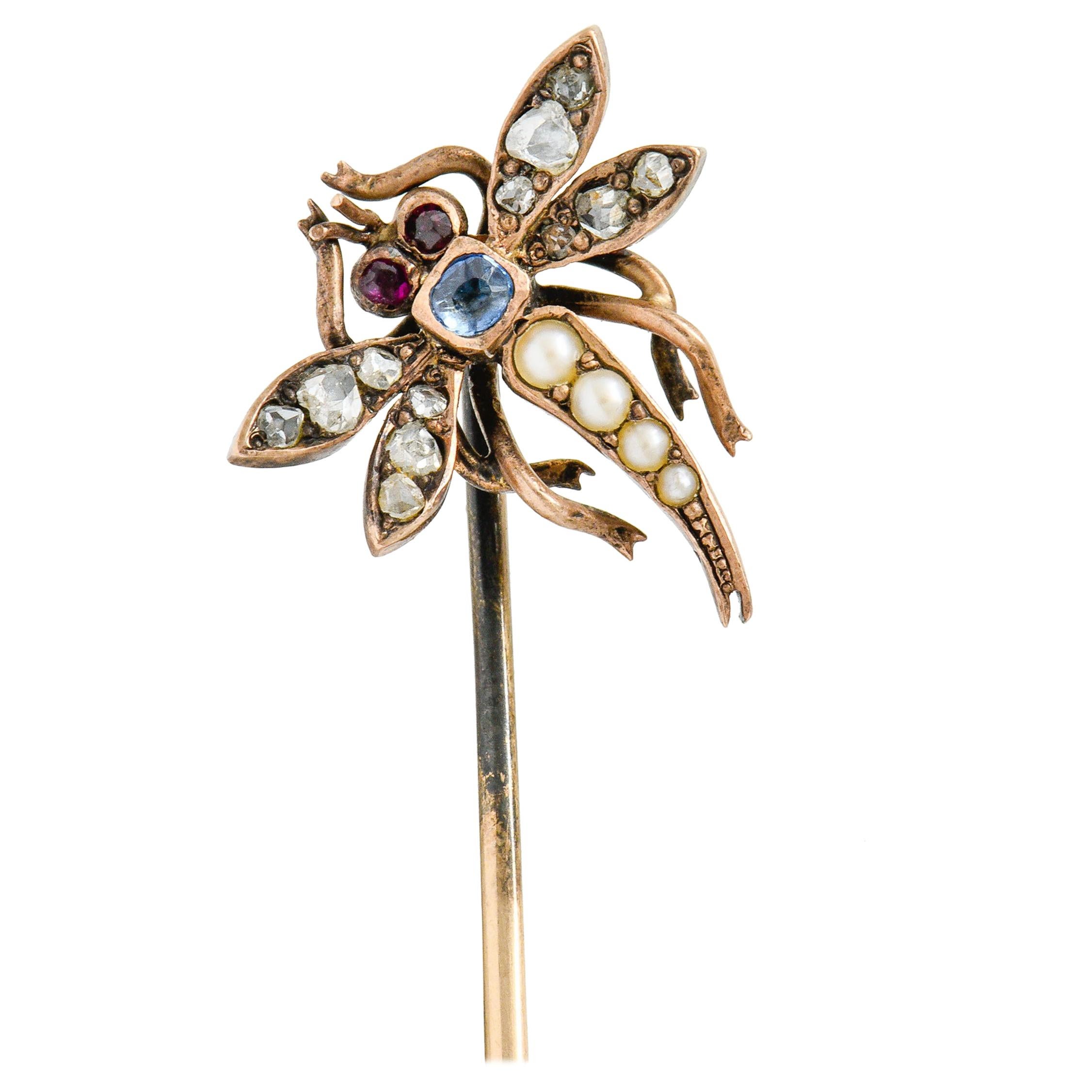 Victorian Pearl Diamond Sapphire Ruby 14 Karat Rose Gold Dragonfly Stickpin