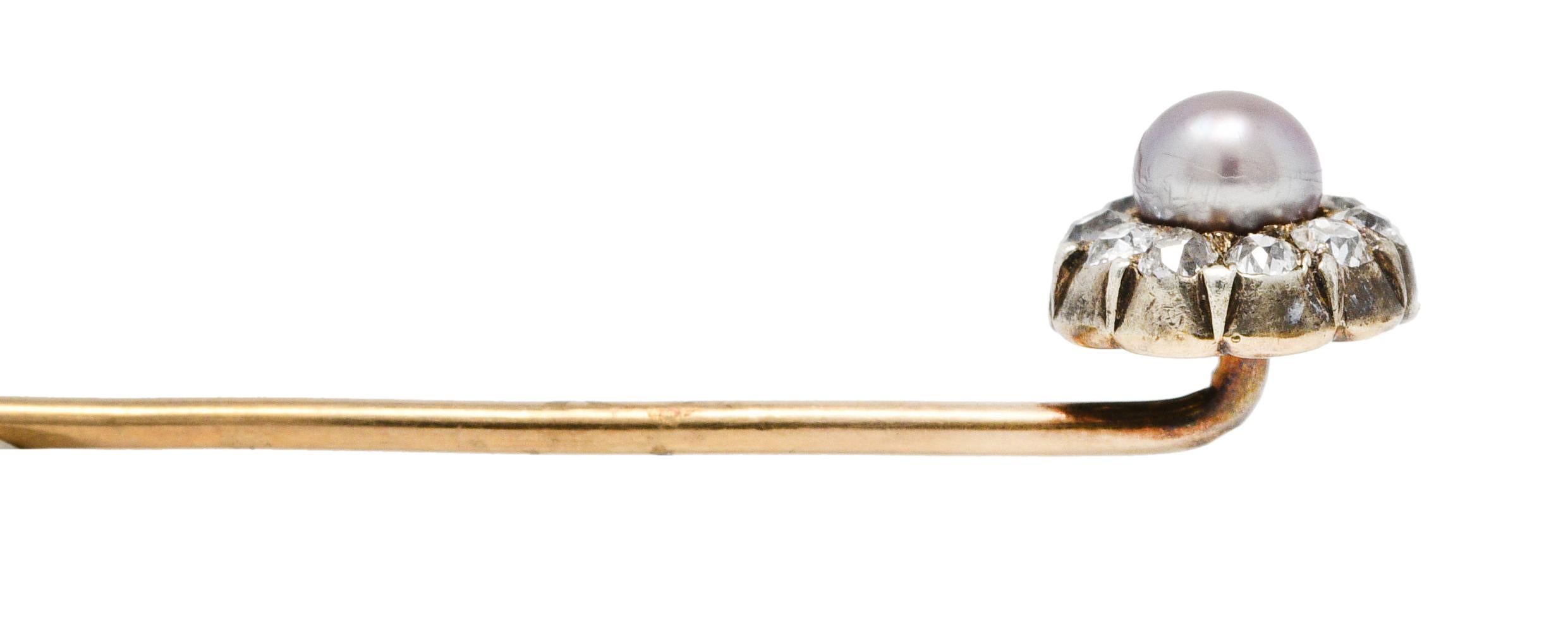 Women's or Men's Victorian Pearl Diamond Silver-Topped 14 Karat Gold Cluster Stickpin For Sale