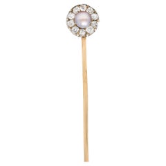 Victorian Pearl Diamond Silver-Topped 14 Karat Gold Cluster Stickpin