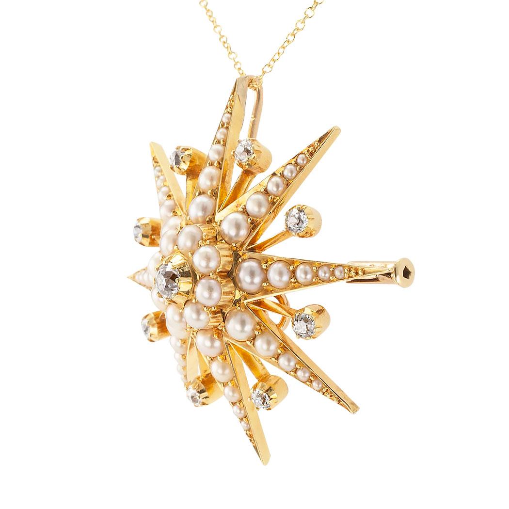 Victorian pearl diamond and gold starburst brooch pendant circa 1890.

DETAILS:
DIAMONDS:  nine old mine-cut diamonds totaling approximately 0.50 carat, approximately H – I color, SI – I clarity.

MATERIALS:  graduated pearls.

METAL:  18-karat