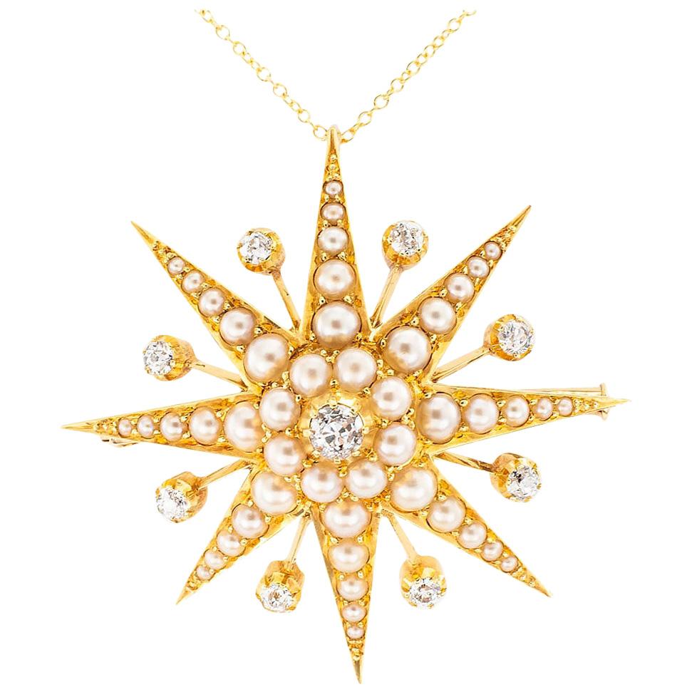 Victorian Pearl Diamond Yellow Gold Starburst Brooch Pendant