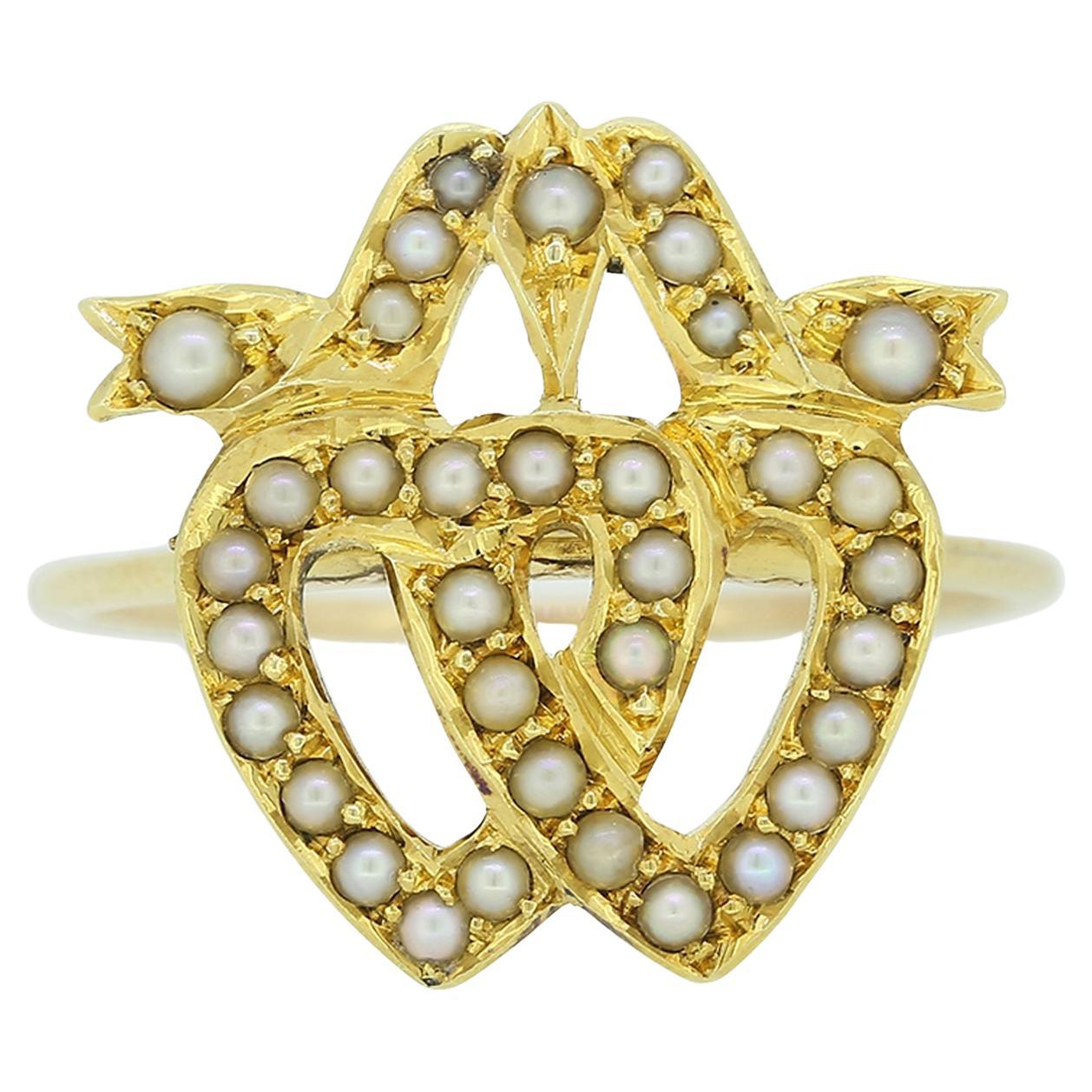Victorian Pearl Double Heart Ring For Sale