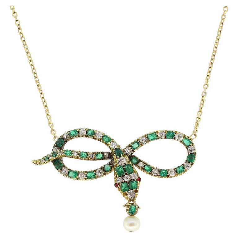 Victorian Pearl Emerald and Diamond Snake Necklace