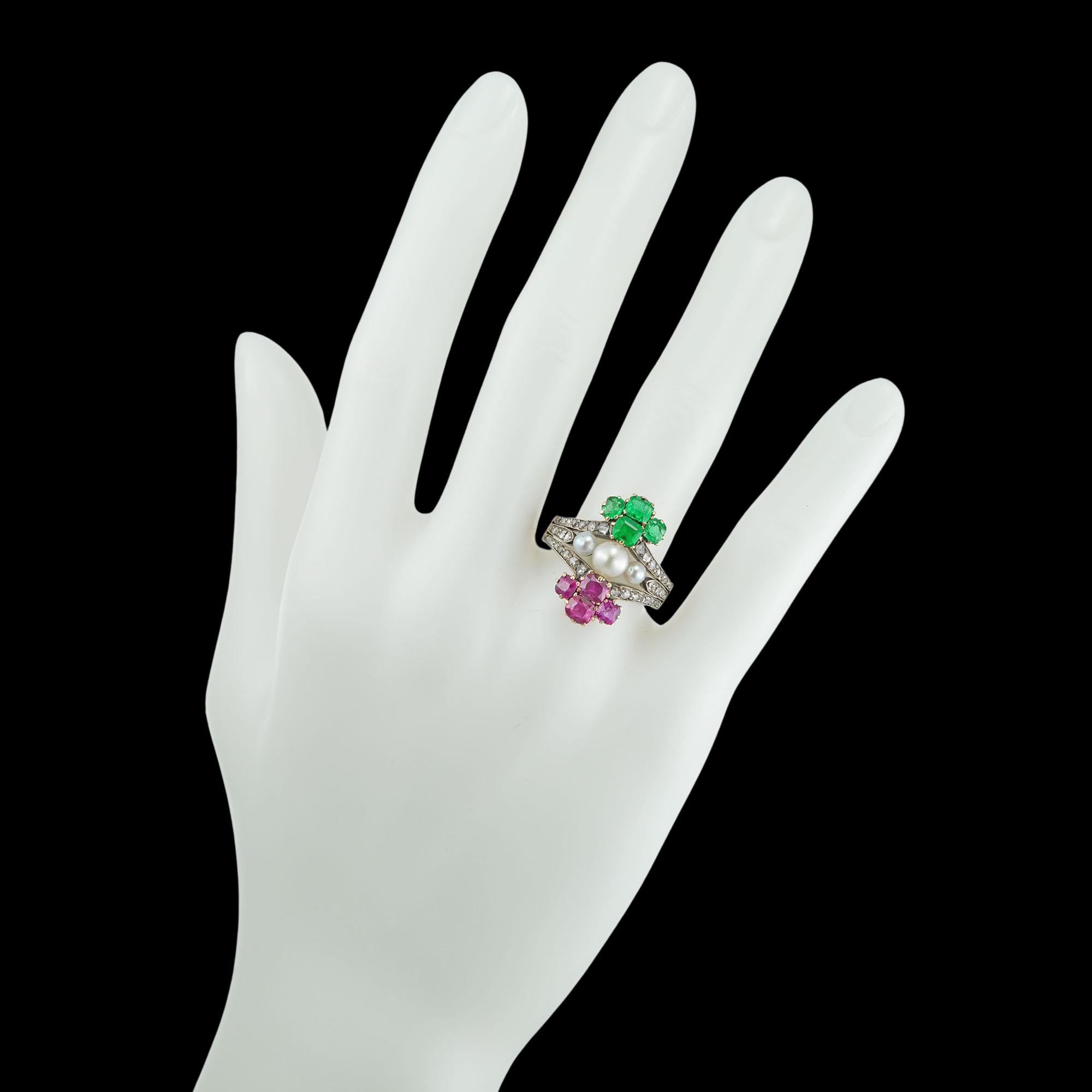 Women's Victorian Pearl Emerald Ruby Diamond Ring For Sale