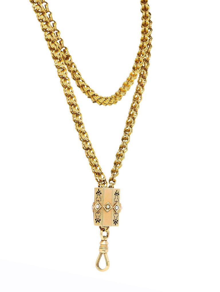 Victorian Pearl Enamel 14 Karat Gold Faceted Slide Pendant Chain Necklace 1