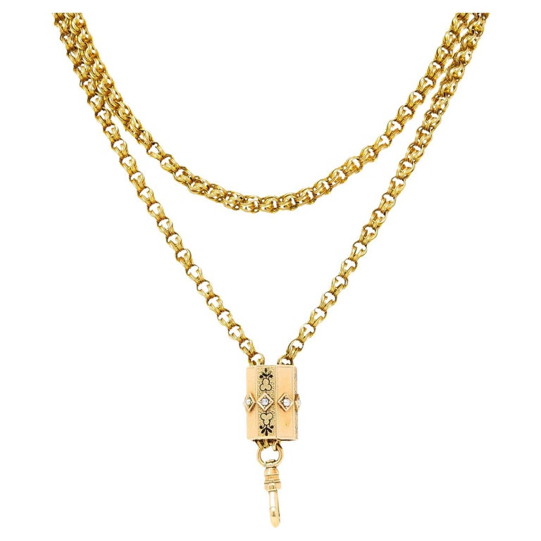 Victorian Pearl Enamel 14 Karat Gold Faceted Slide Pendant Chain Necklace