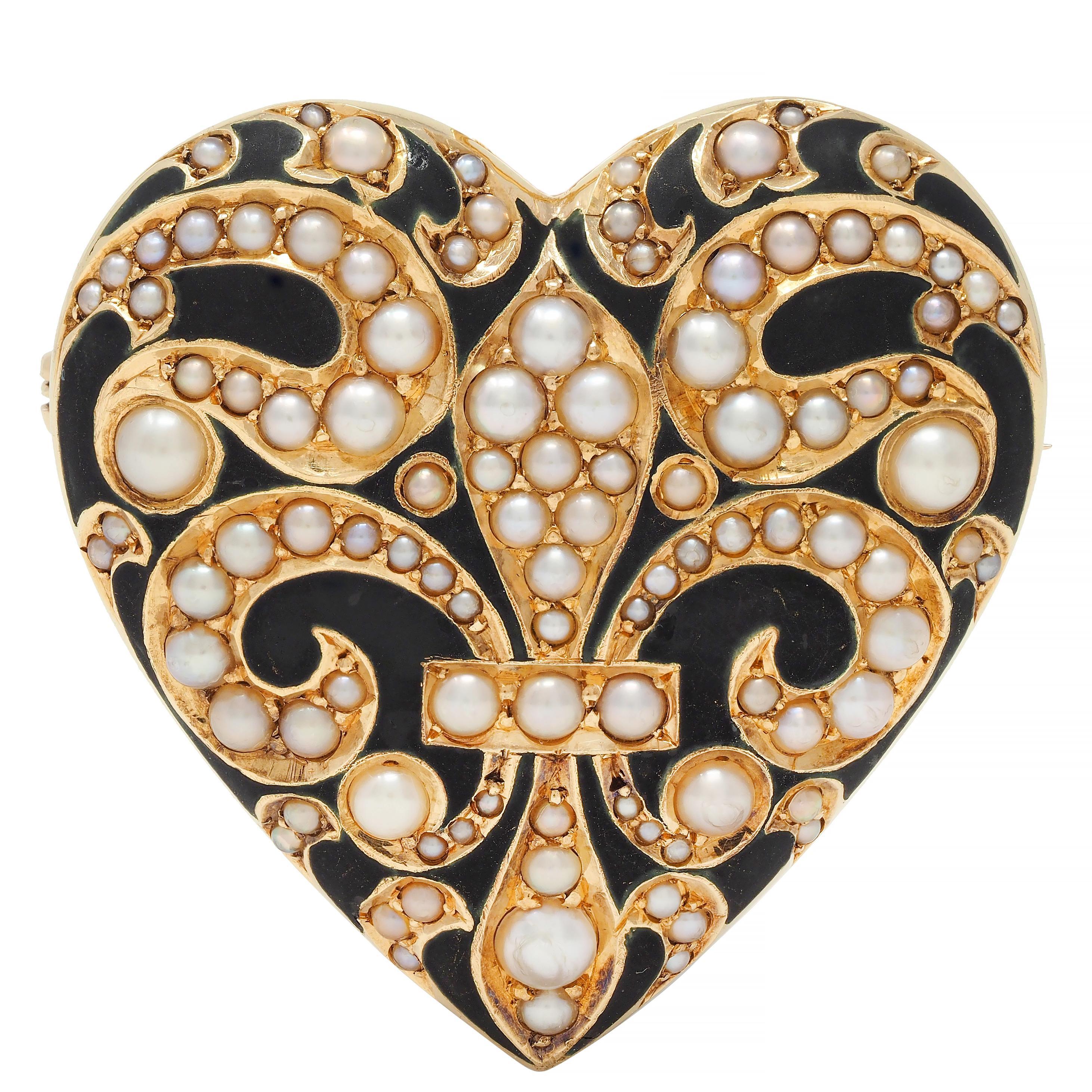 Designed as a puffed heart-shaped form with a grooved swirl fleur-de-lis motif pattern
Featuring 1.0 to 3.0 mm round seed pearls bead set throughout pattern
White to gray in body color with strong iridescence 
Accented by opaque matte black enamel -