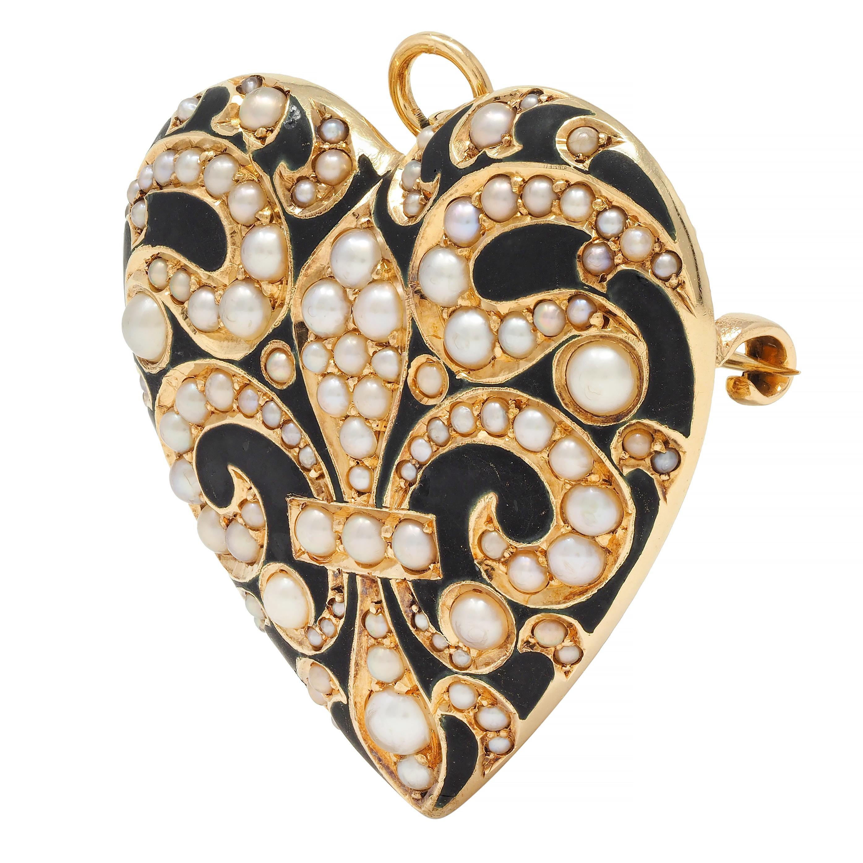Round Cut Victorian Pearl Enamel 14 Karat Yellow Gold Heart Locket Antique Pendant Brooch For Sale