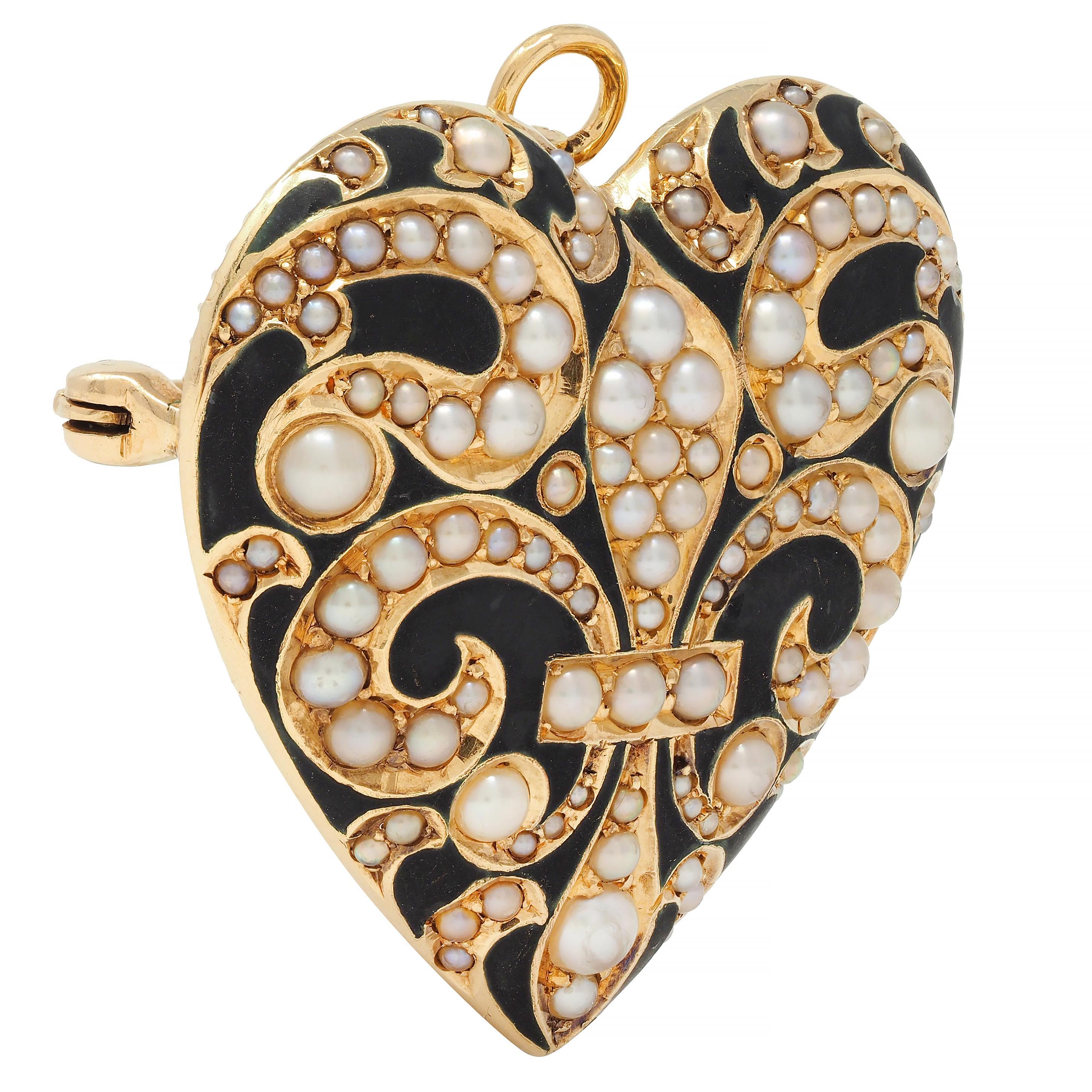 Taille ronde Broche pendentif victorienne en or jaune 14 carats, perles et émail avec médaillon en forme de cœur en vente