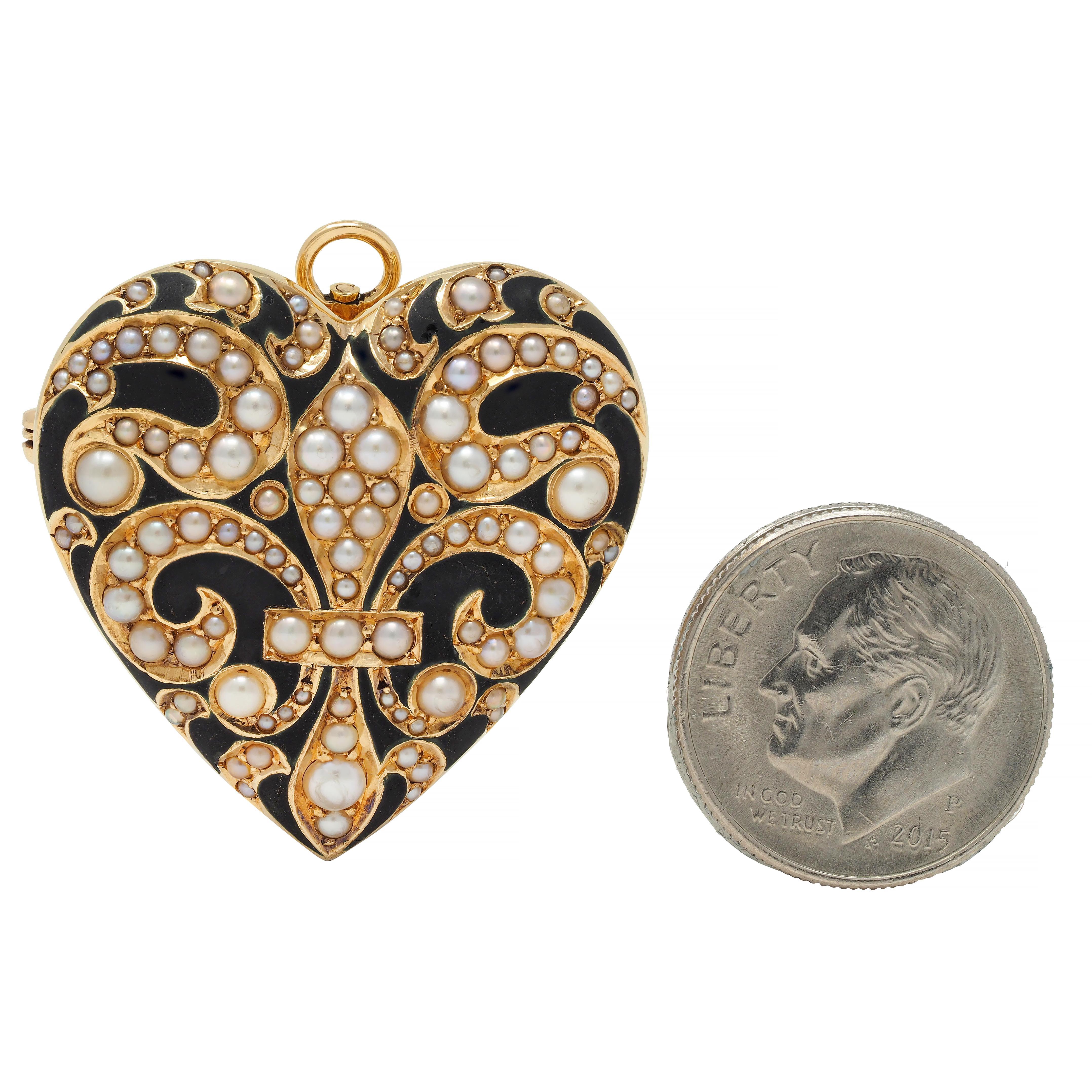 Broche pendentif victorienne en or jaune 14 carats, perles et émail avec médaillon en forme de cœur Excellent état - En vente à Philadelphia, PA