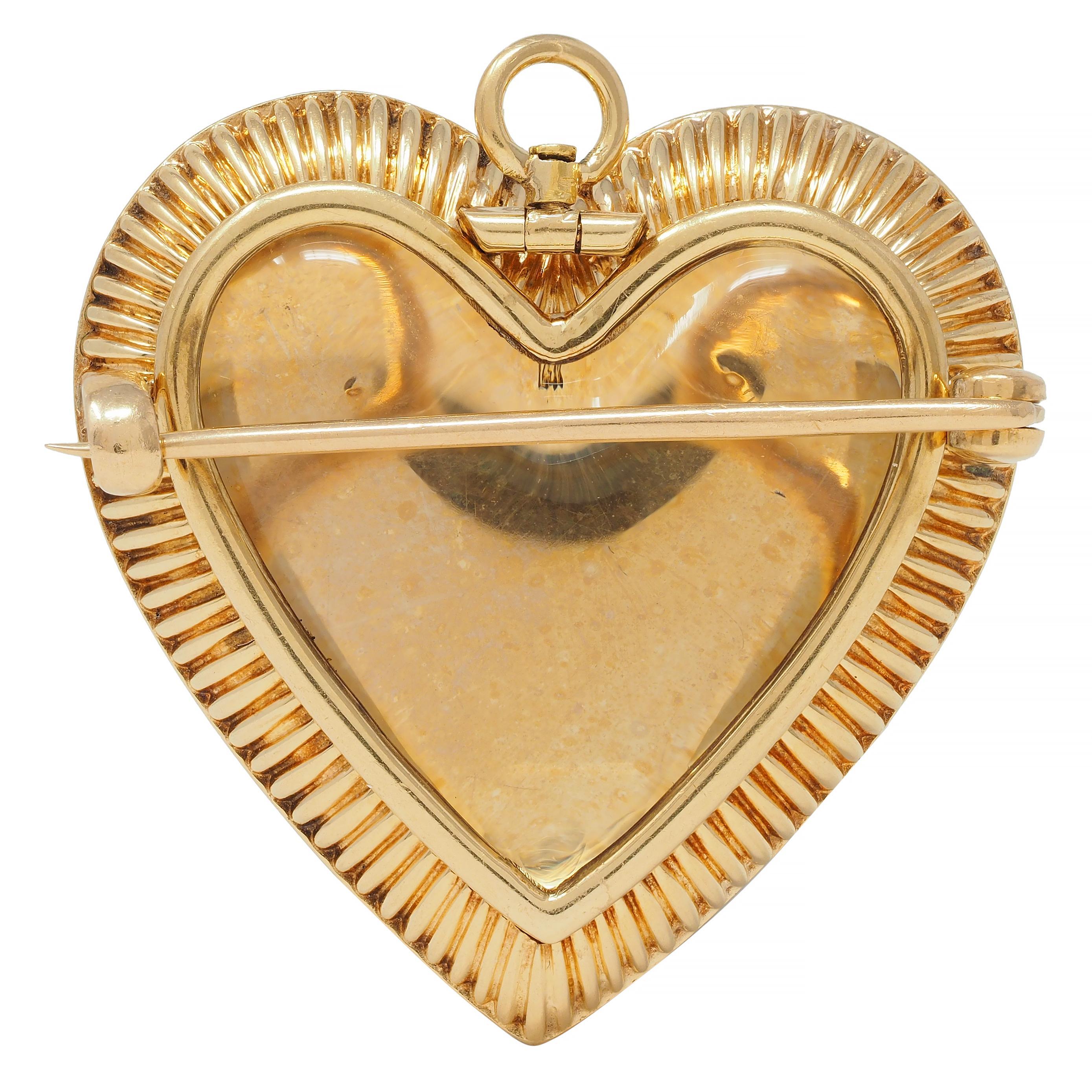 Victorian Pearl Enamel 14 Karat Yellow Gold Heart Locket Antique Pendant Brooch For Sale 1