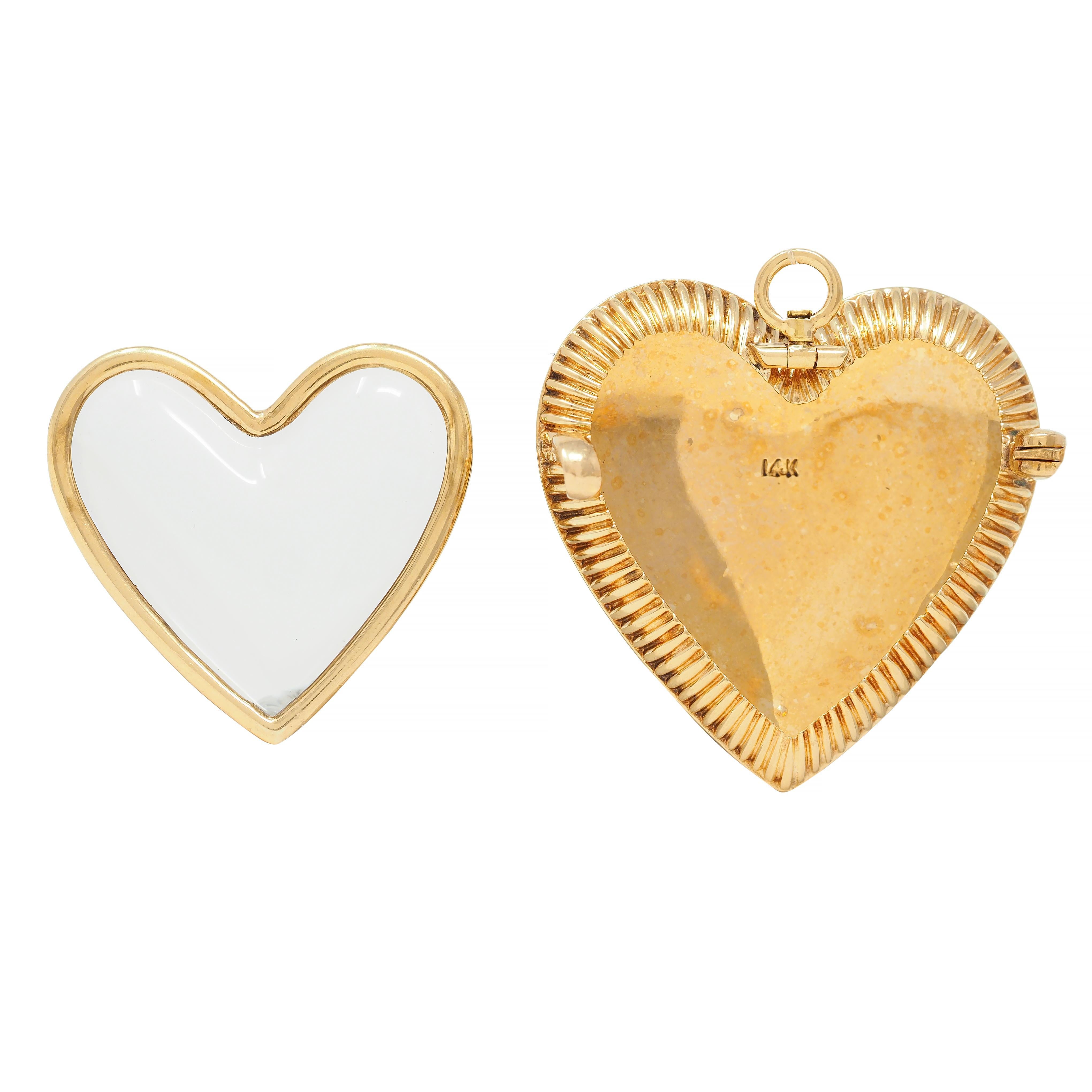 Victorian Pearl Enamel 14 Karat Yellow Gold Heart Locket Antique Pendant Brooch For Sale 4