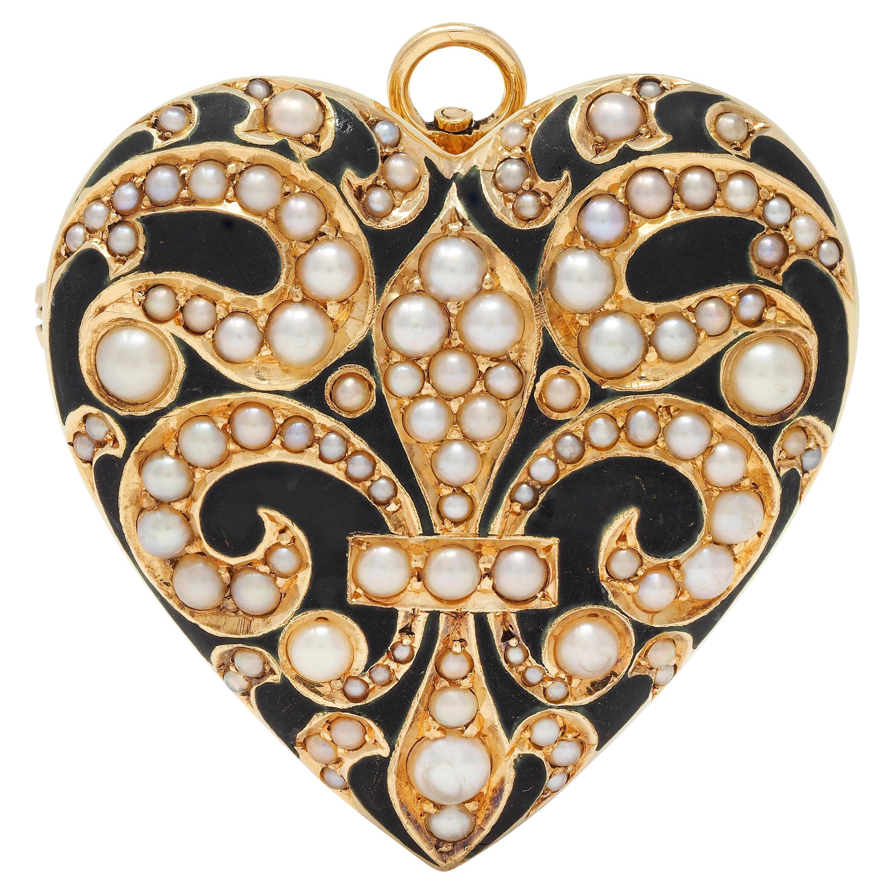 Victorian Pearl Enamel 14 Karat Yellow Gold Heart Locket Antique Pendant Brooch For Sale