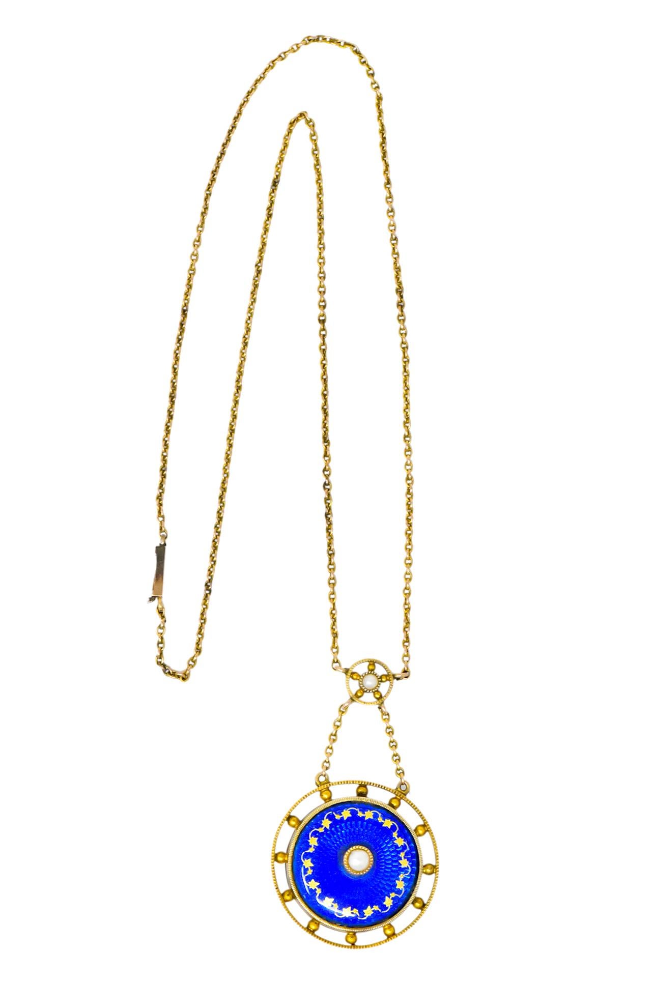 Victorian Pearl Enamel 14 Karat Yellow Gold Pendant Necklace 4