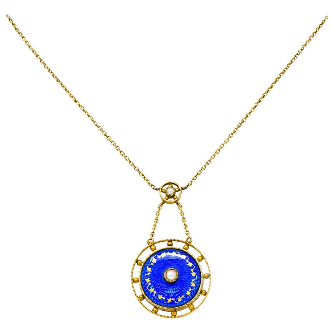 Victorian Pearl Enamel 14 Karat Yellow Gold Pendant Necklace