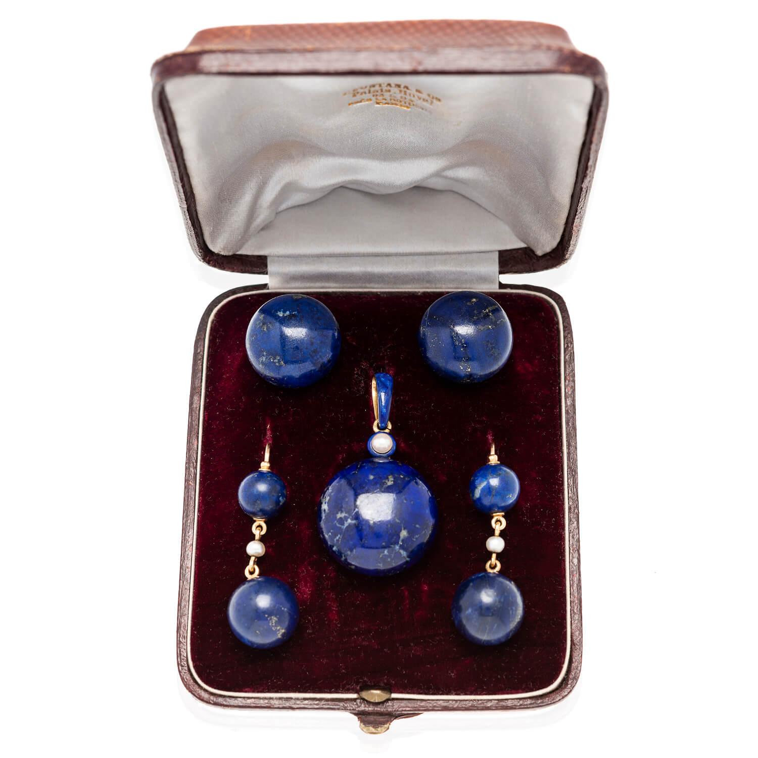 Victorian Pearl, Enamel + Carved Lapis Lazuli Earrings, Pendant + Button Set For Sale 6