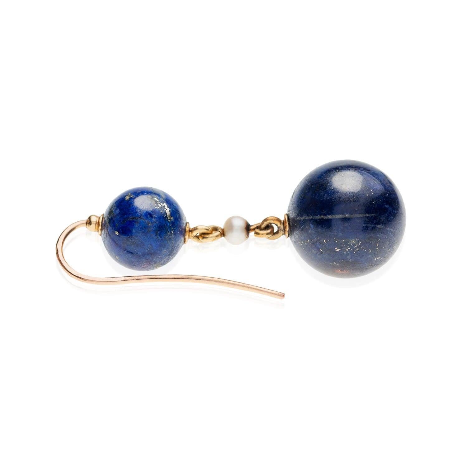 Cabochon Victorian Pearl, Enamel + Carved Lapis Lazuli Earrings, Pendant + Button Set For Sale
