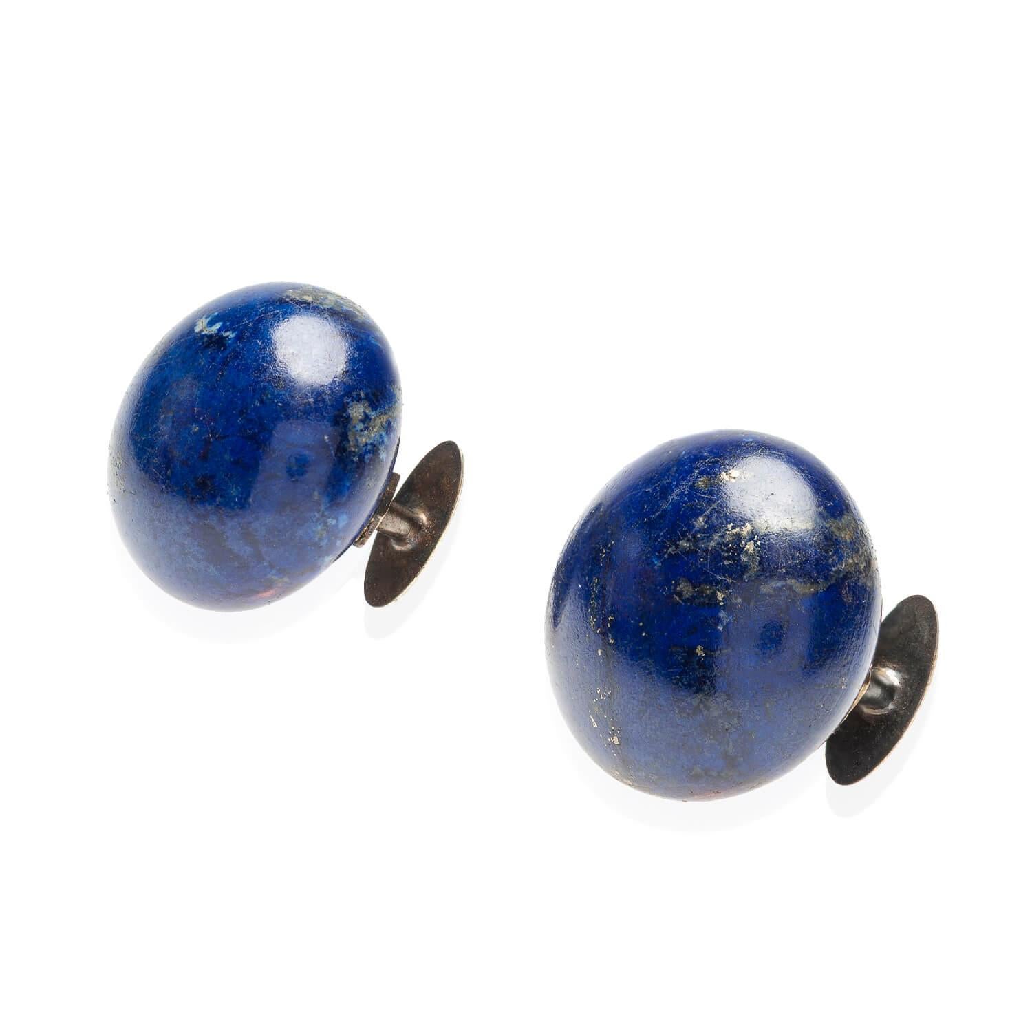 Women's or Men's Victorian Pearl, Enamel + Carved Lapis Lazuli Earrings, Pendant + Button Set For Sale