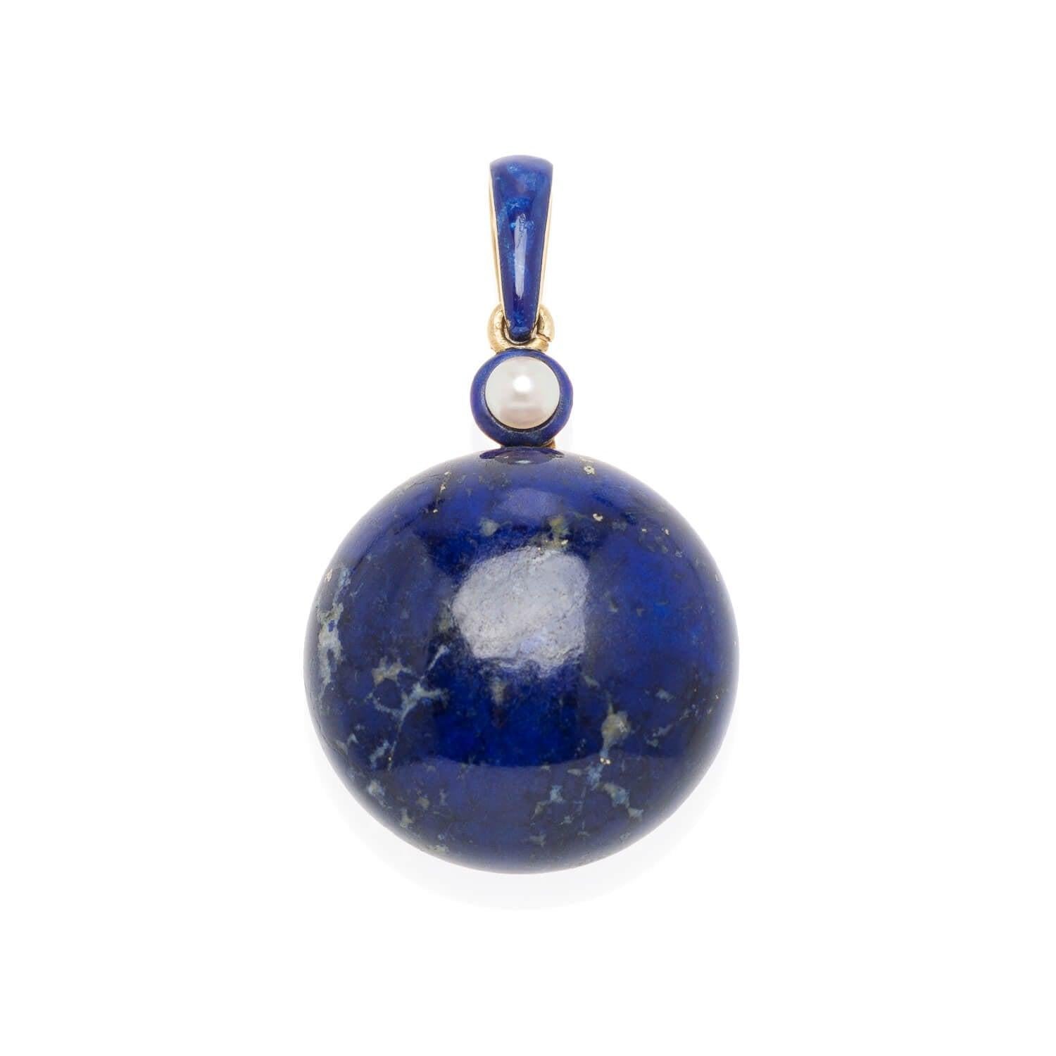 Victorian Pearl, Enamel + Carved Lapis Lazuli Earrings, Pendant + Button Set For Sale 3