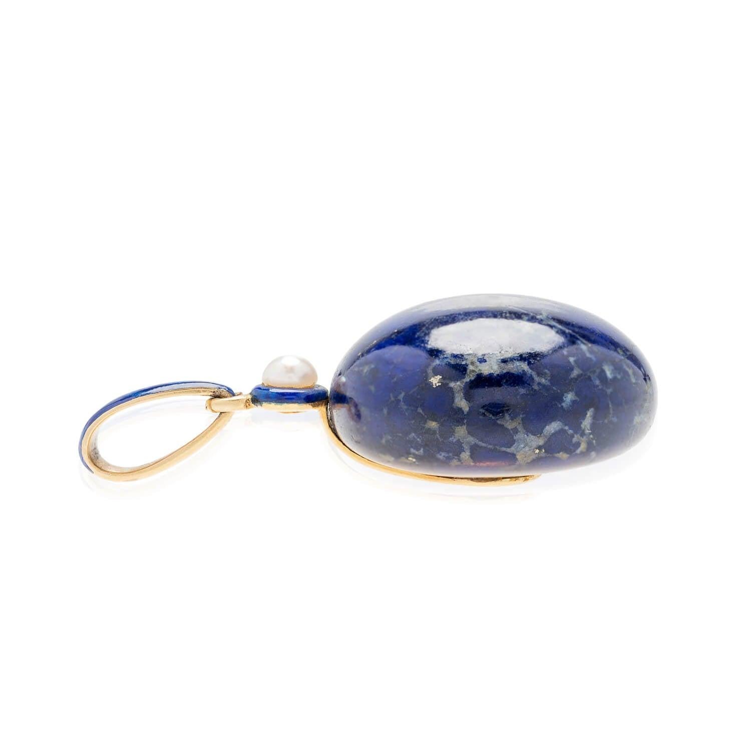 Victorian Pearl, Enamel + Carved Lapis Lazuli Earrings, Pendant + Button Set For Sale 4