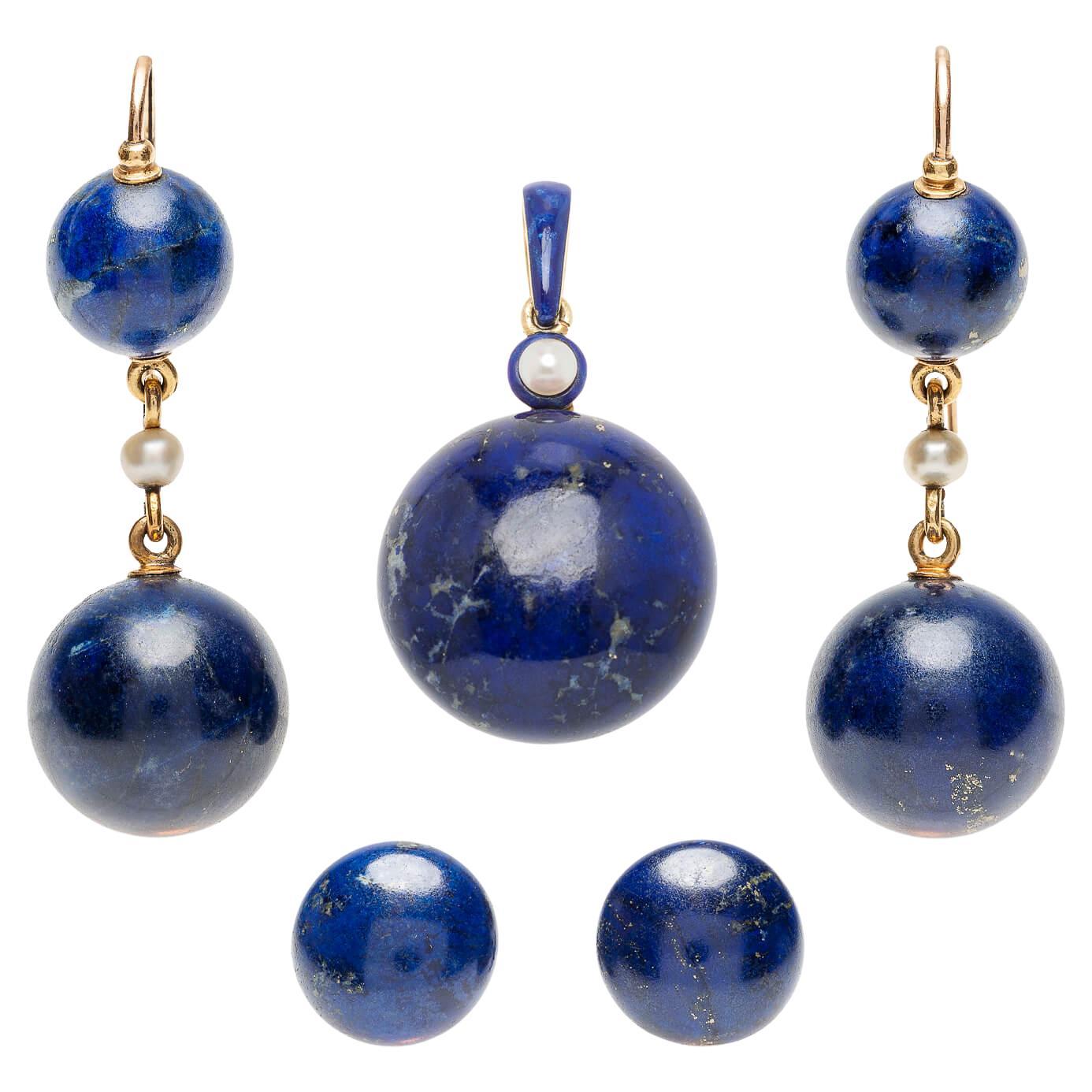 Victorian Pearl, Enamel + Carved Lapis Lazuli Earrings, Pendant + Button Set