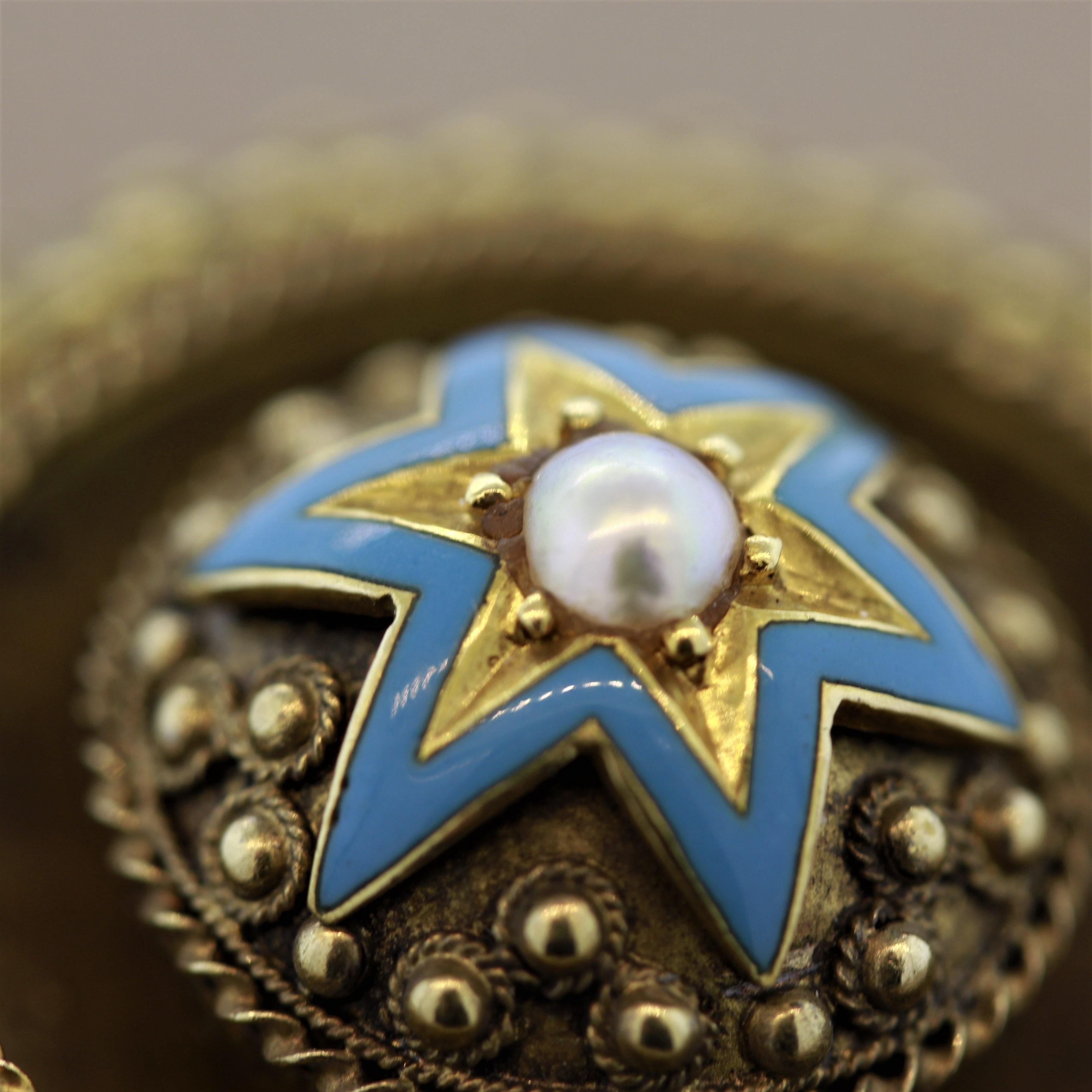 Round Cut Victorian Pearl Enamel Gold Brooch For Sale