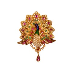 Antique Victorian Pearl Enamel Ruby Peacock Pin