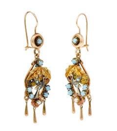 Victorian Pearl Glass Cabochon 14 Karat Tri-Colored Gold Bird & Foliate Drop Ear