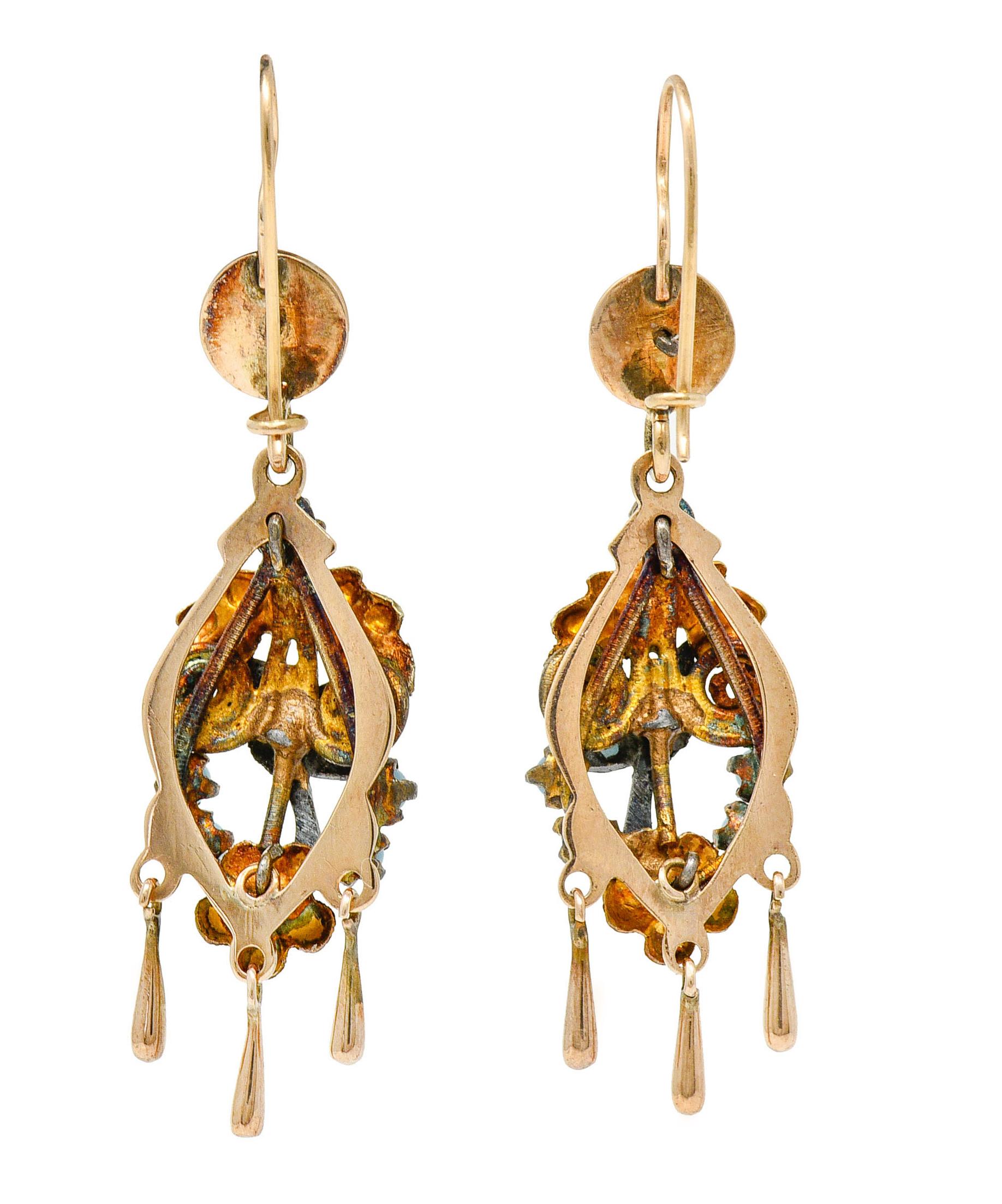 Women's or Men's Victorian Pearl Glass Cabochon 14 Karat Tri-Colored Gold Bird & Foliate Drop Ear