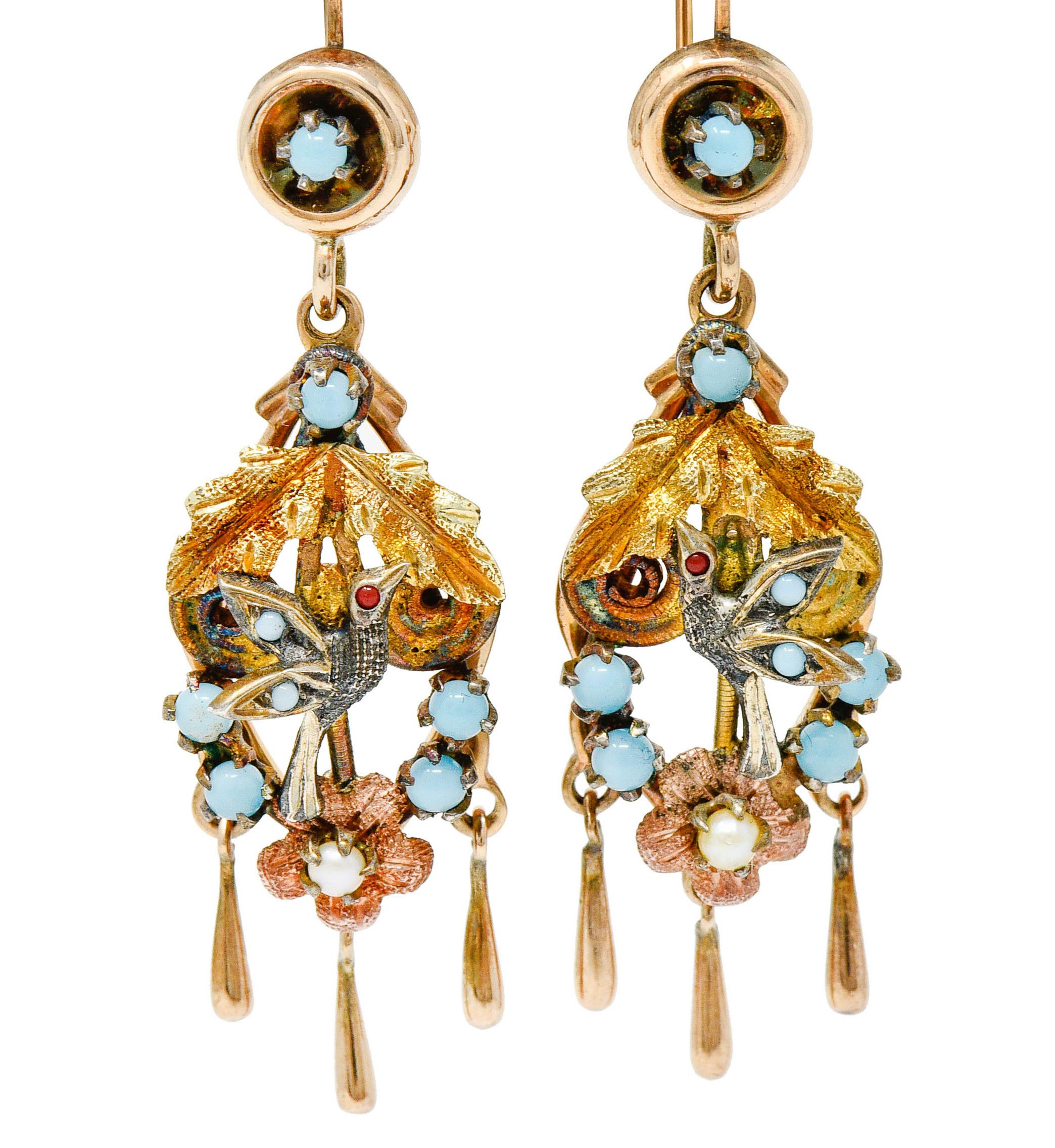 Victorian Pearl Glass Cabochon 14 Karat Tri-Colored Gold Bird & Foliate Drop Ear 1
