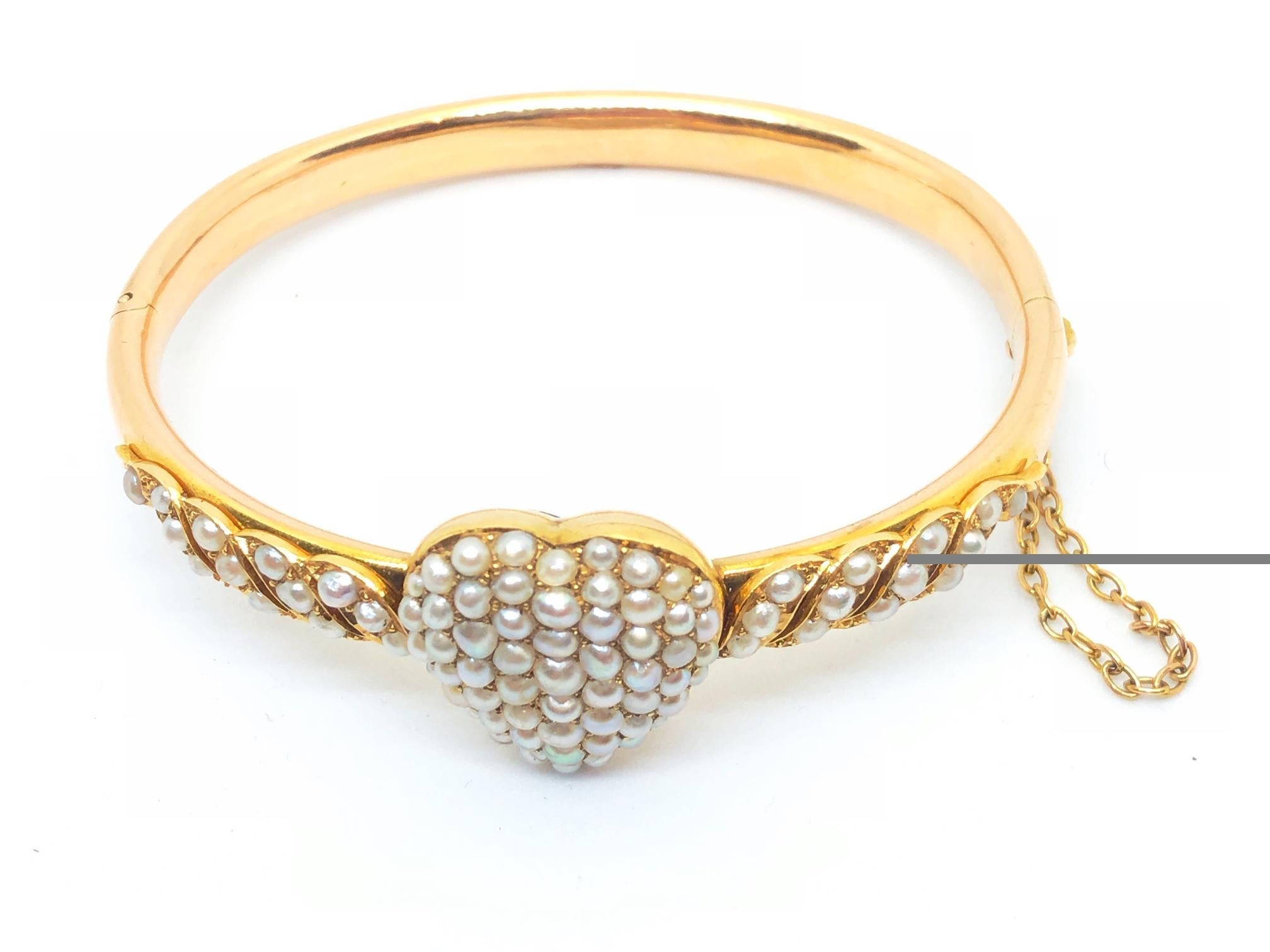 Round Cut Victorian Pearl Gold Heart Bangle Bracelet