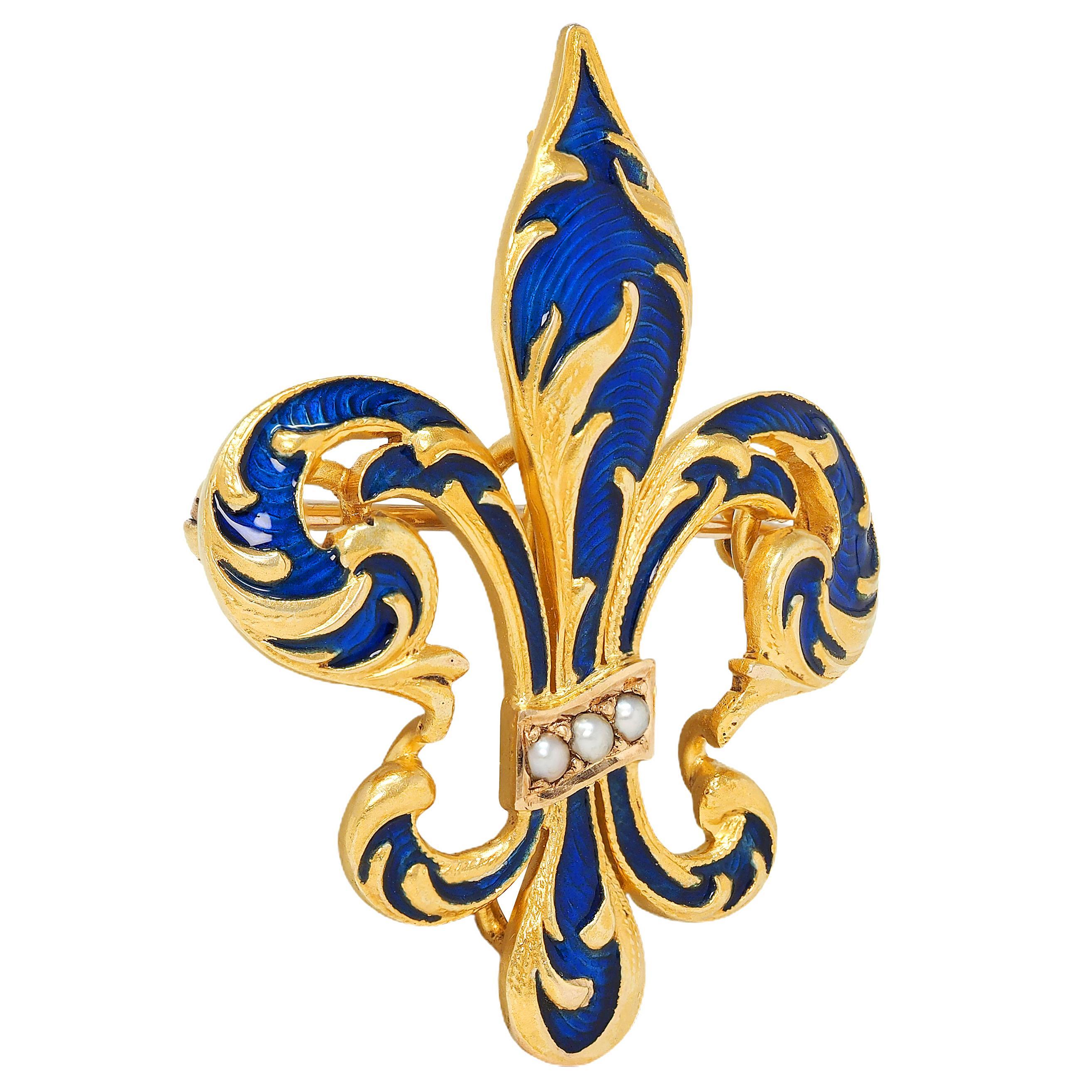 Broche flor de lis antigua victoriana de oro amarillo de 14 quilates con esmalte guilloché de perlas Victoriano en venta