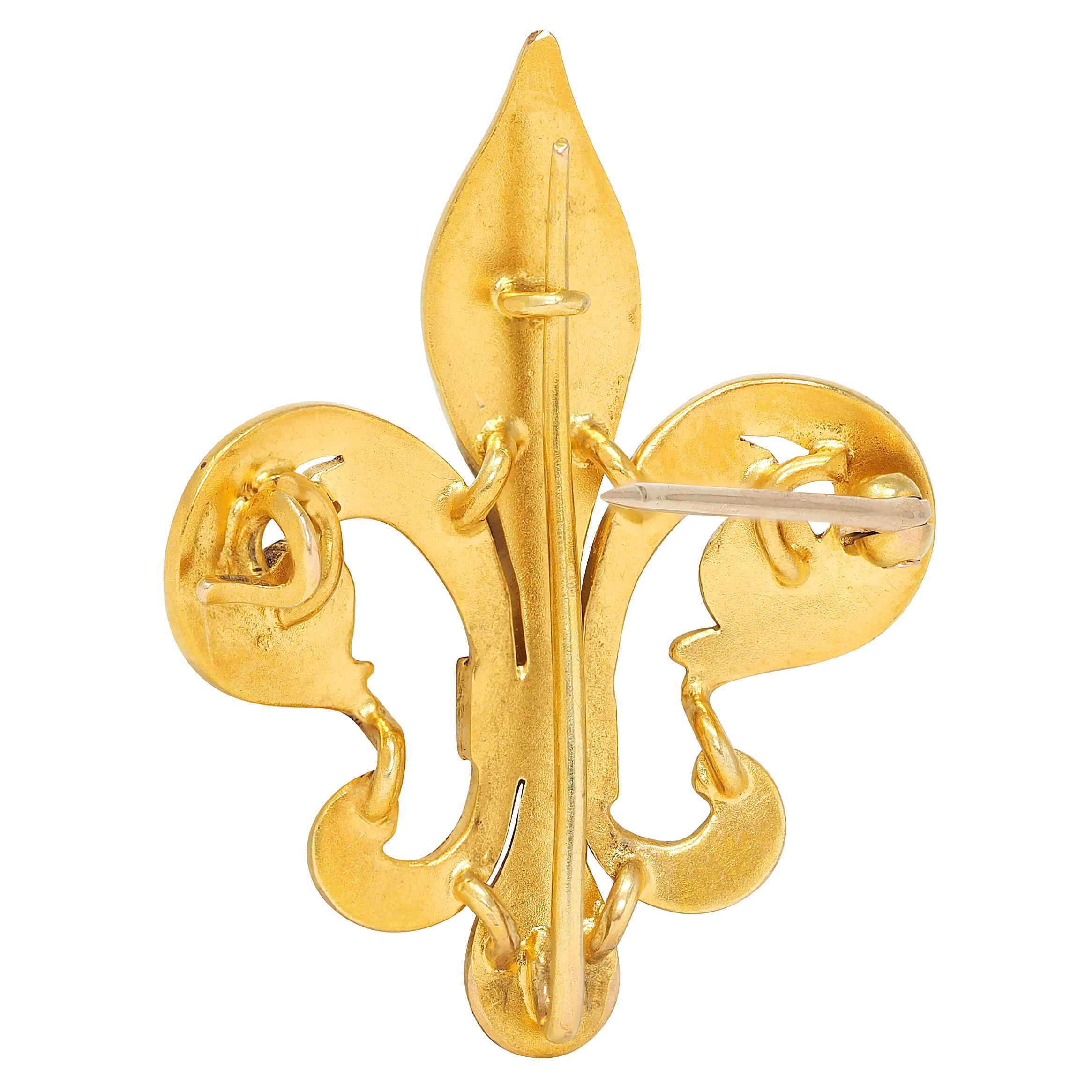 De las mujeres Broche flor de lis antigua victoriana de oro amarillo de 14 quilates con esmalte guilloché de perlas en venta