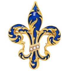 Spilla vittoriana con perla e smalto guilloché in oro giallo 14 carati con fiore antico