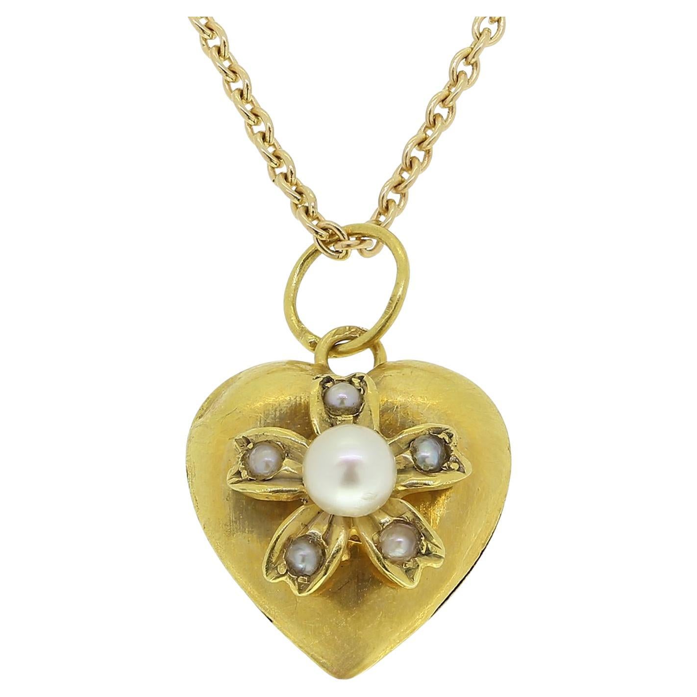 Victorian Pearl Heart Pendant Necklace For Sale